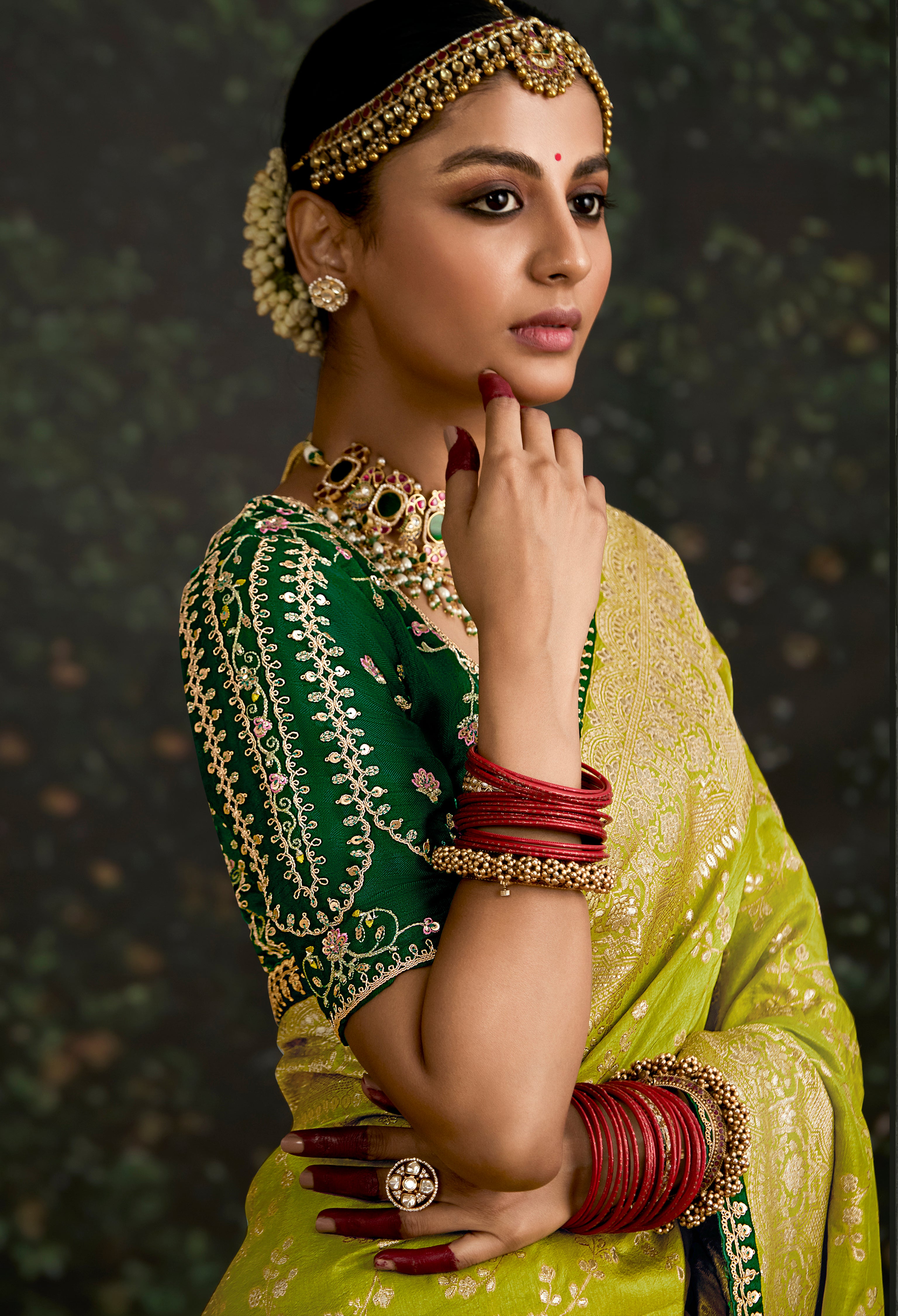 Lime Dola Silk Saree With Jacquard Woven with Embroidered Lace Border