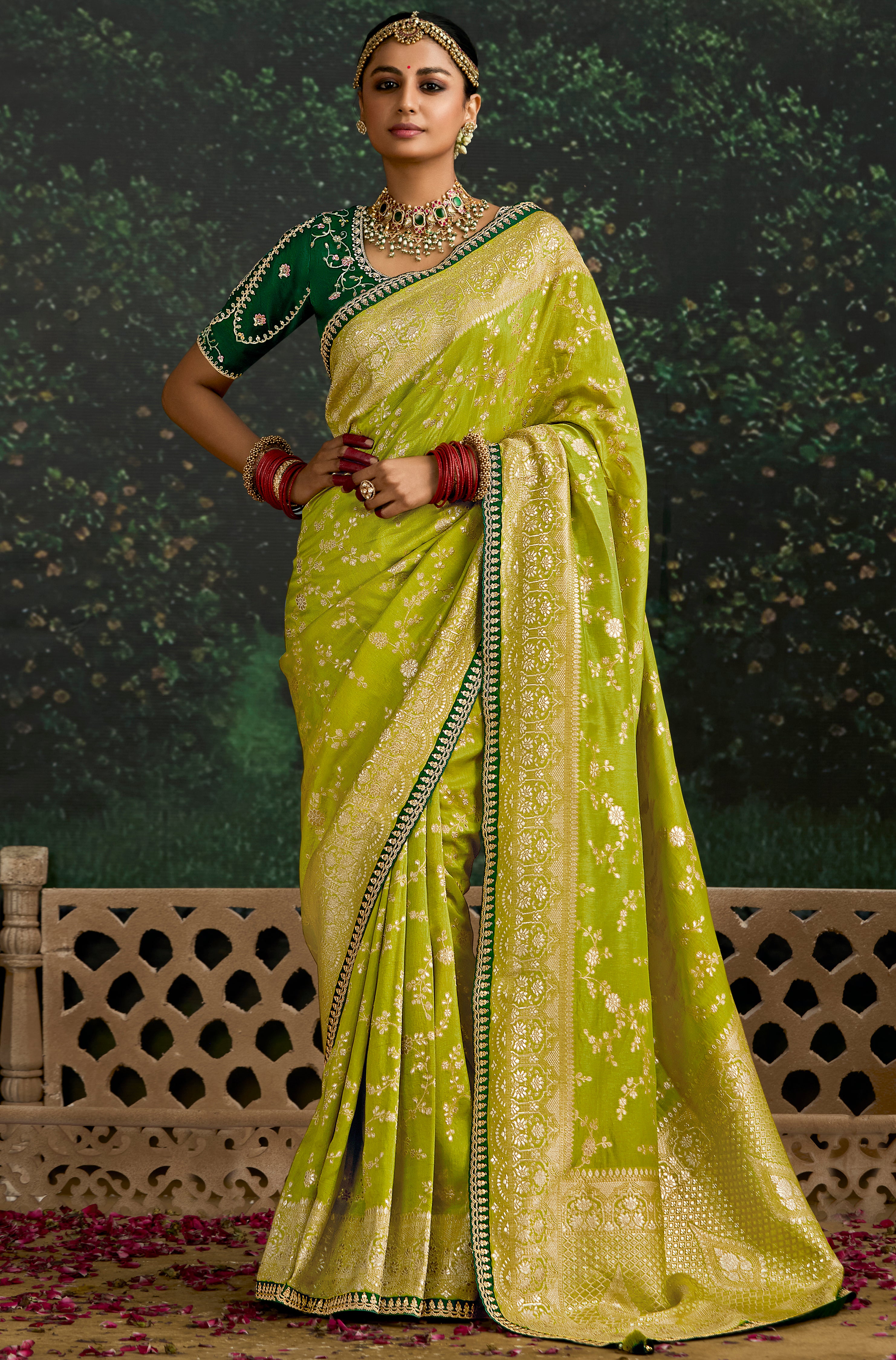 Lime Dola Silk Saree With Jacquard Woven with Embroidered Lace Border