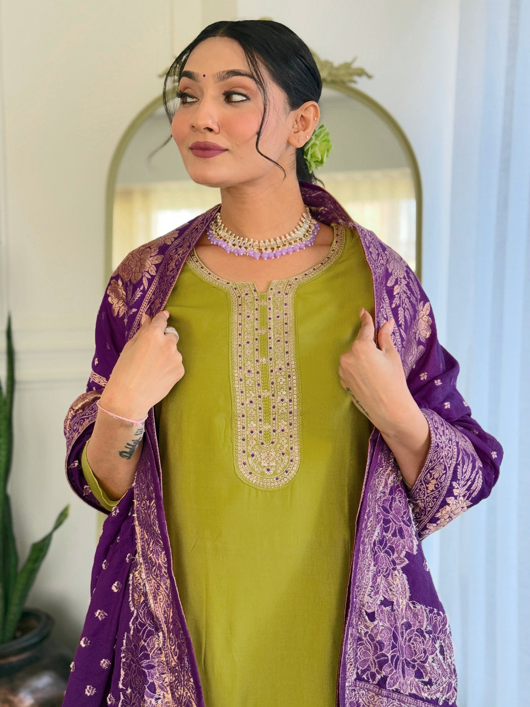 Lime Green Bsy Viscose Elegant Kurta Pant Set With Embroidery Work
