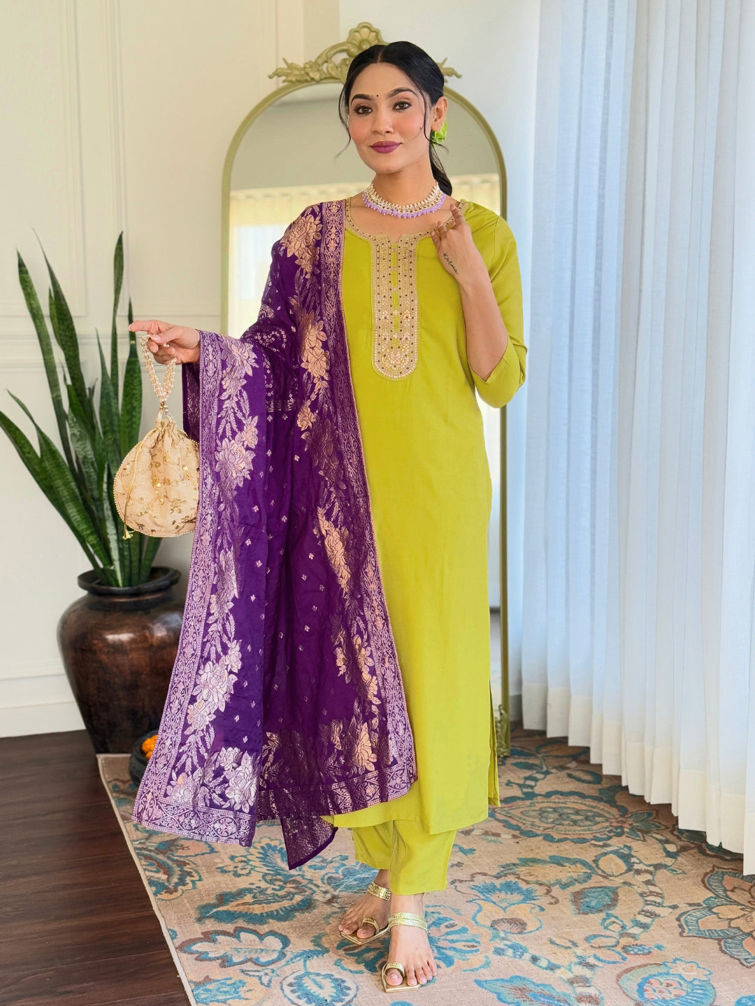 Lime Green Bsy Viscose Elegant Kurta Pant Set With Embroidery Work