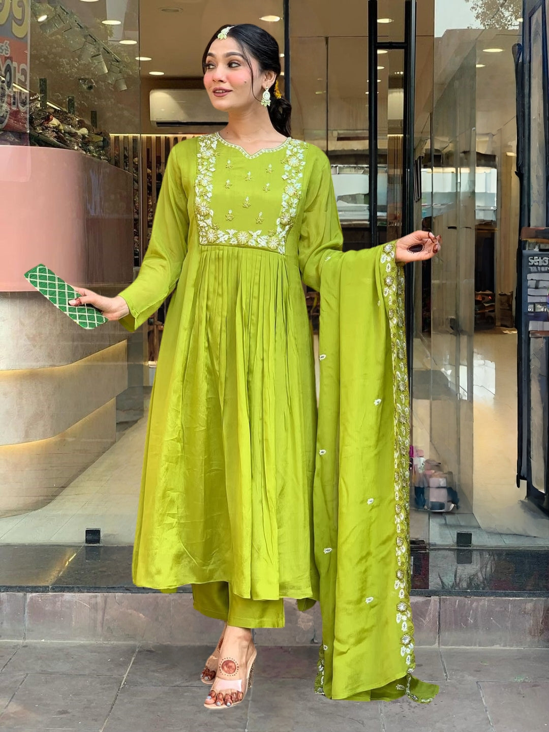 Lime Green Chinon Elegant Kurta Pant Set With Embroidery Work