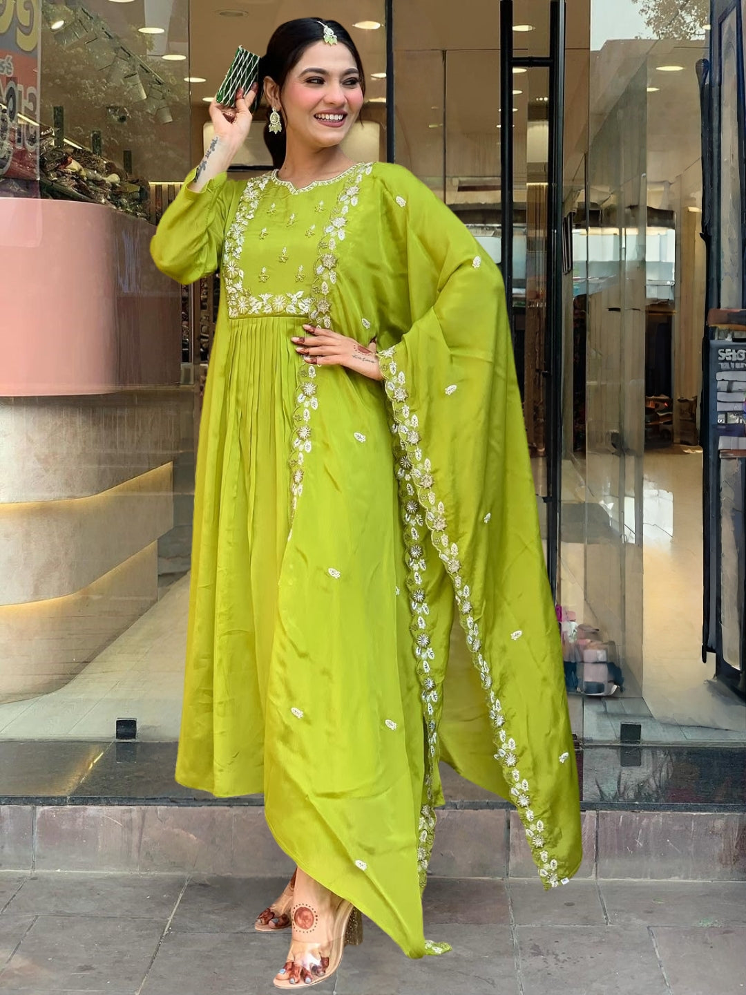 Lime Green Chinon Elegant Kurta Pant Set With Embroidery Work