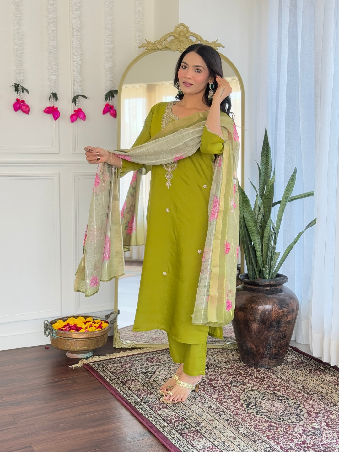 Lime Green Viscose Elegant Kurta Pant Set With Embroidery Work