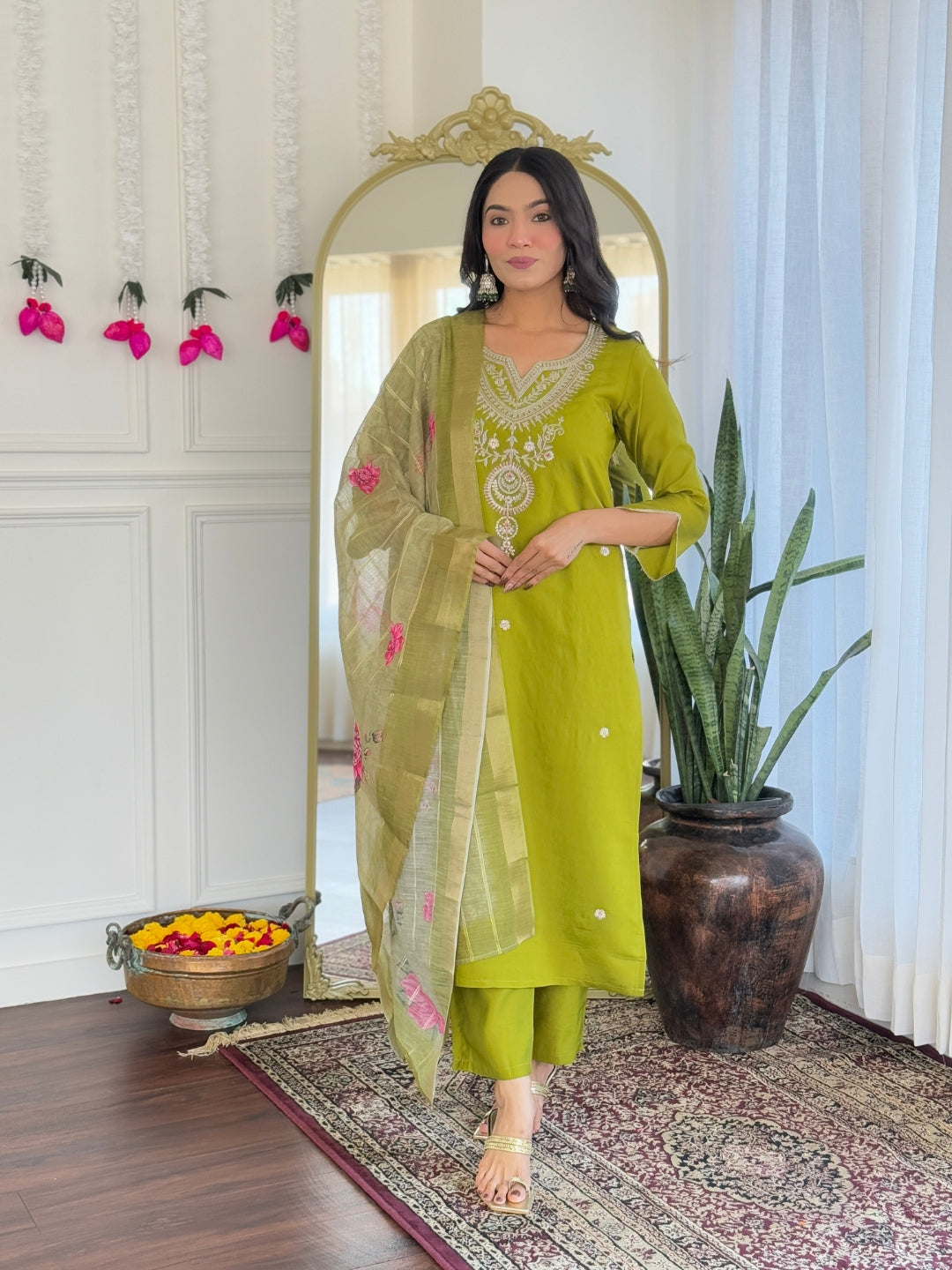 Lime Green Viscose Elegant Kurta Pant Set With Embroidery Work