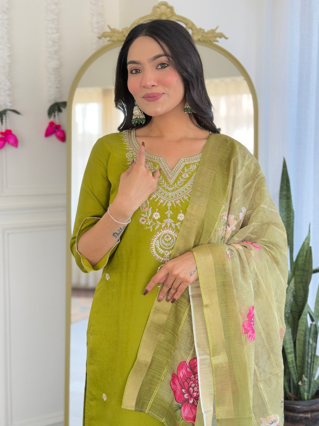 Lime Green Viscose Elegant Kurta Pant Set With Embroidery Work