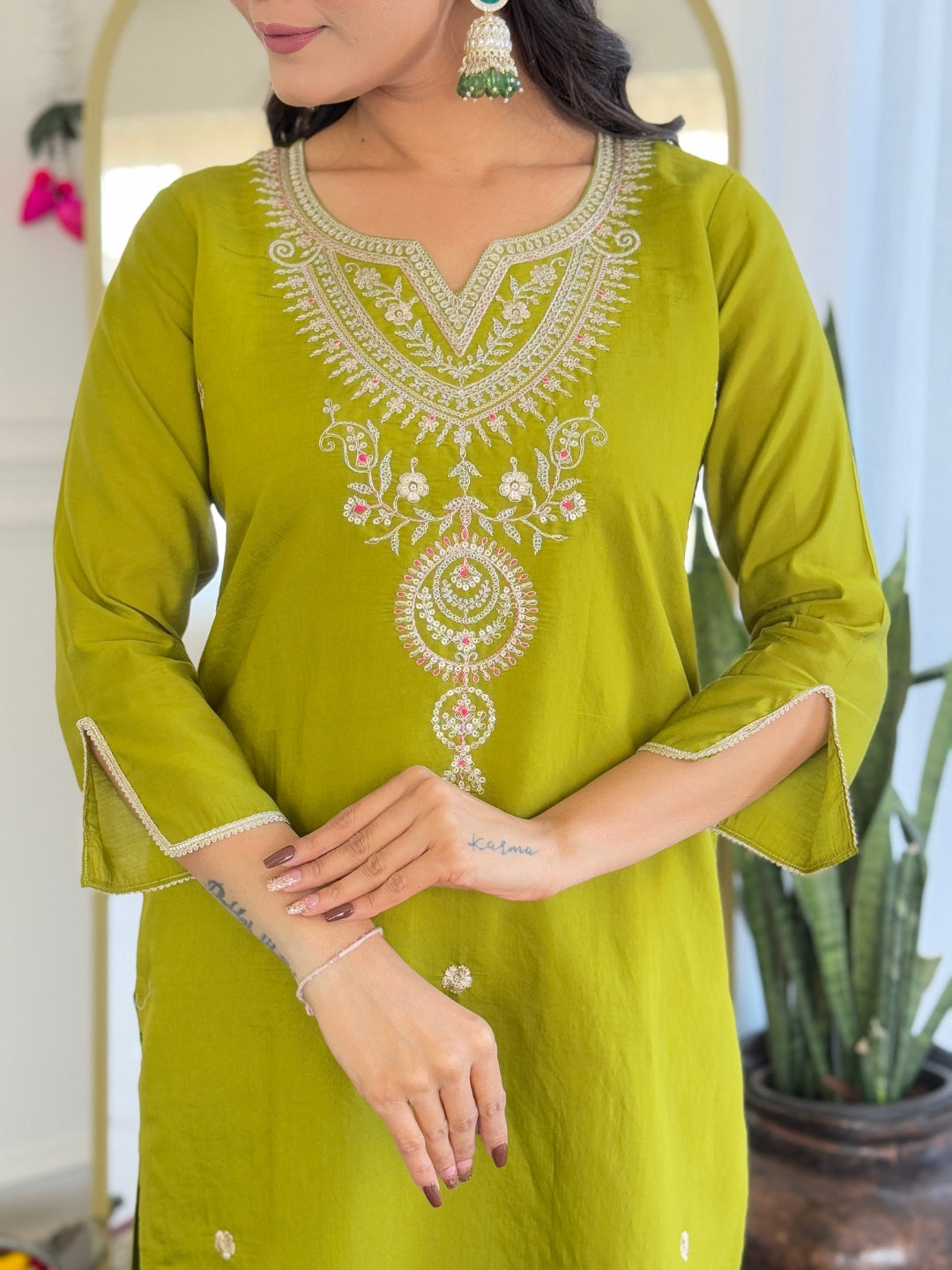 Lime Green Viscose Elegant Kurta Pant Set With Embroidery Work
