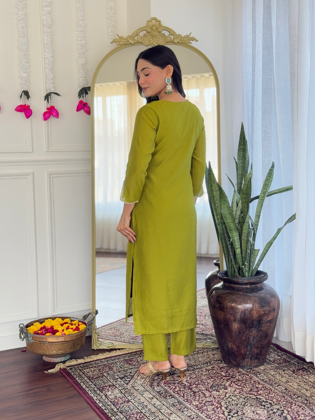 Lime Green Viscose Elegant Kurta Pant Set With Embroidery Work