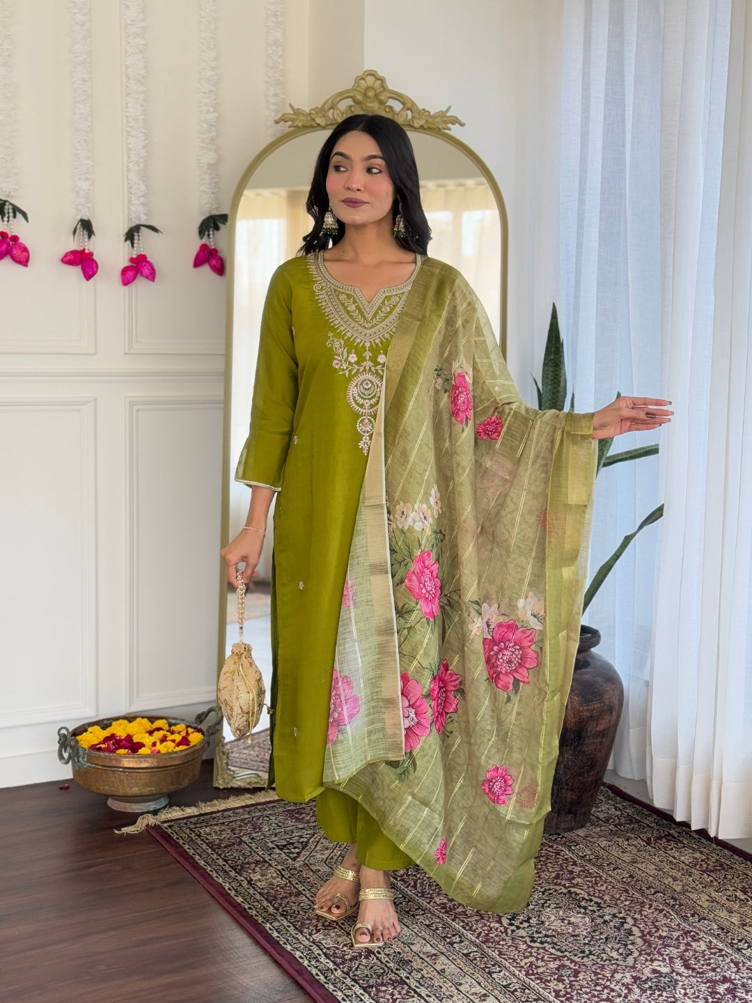 Lime Green Viscose Elegant Kurta Pant Set With Embroidery Work