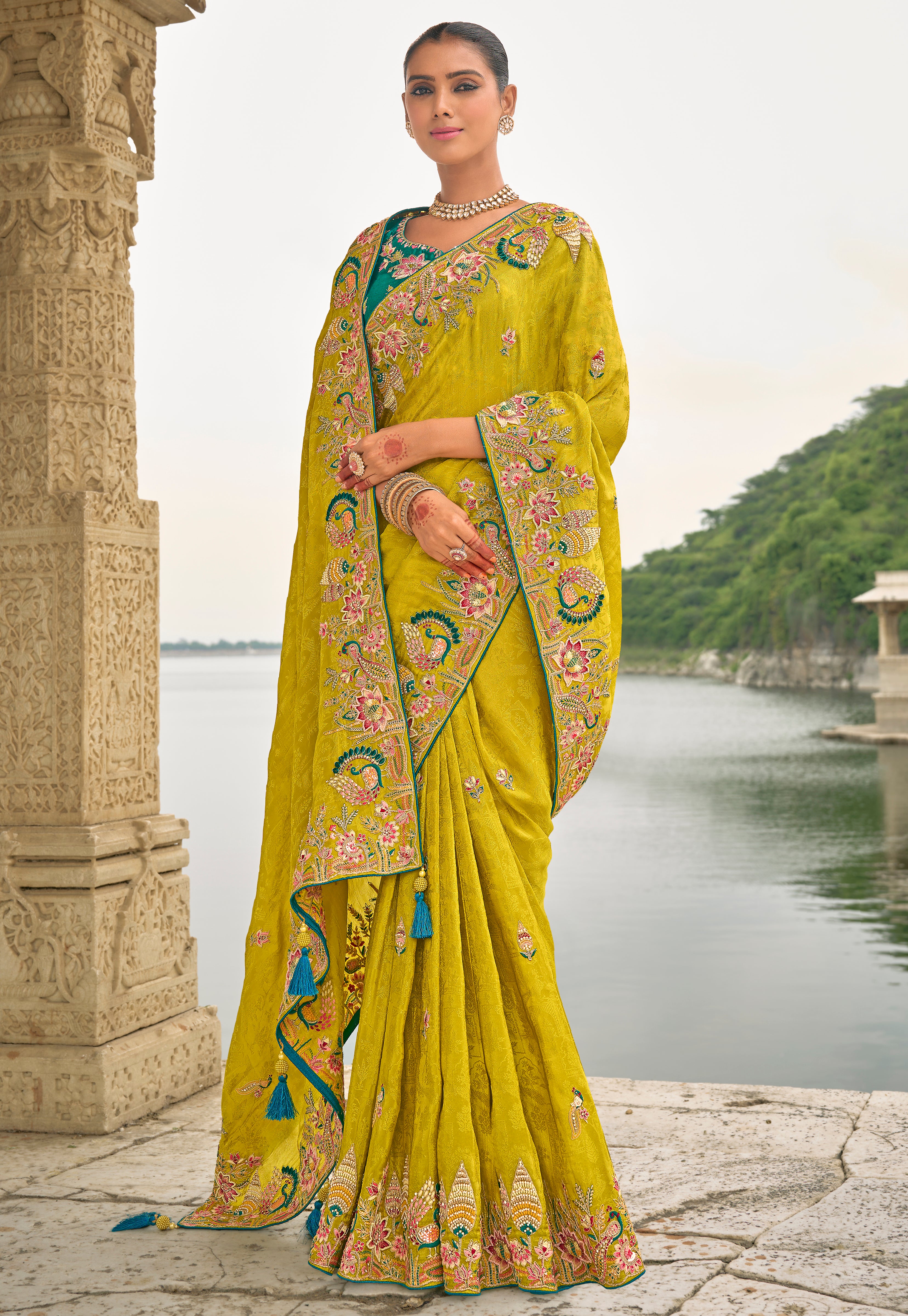 Lime Jacquard Saree With Heavy Thread Embroidery and Sequins Work