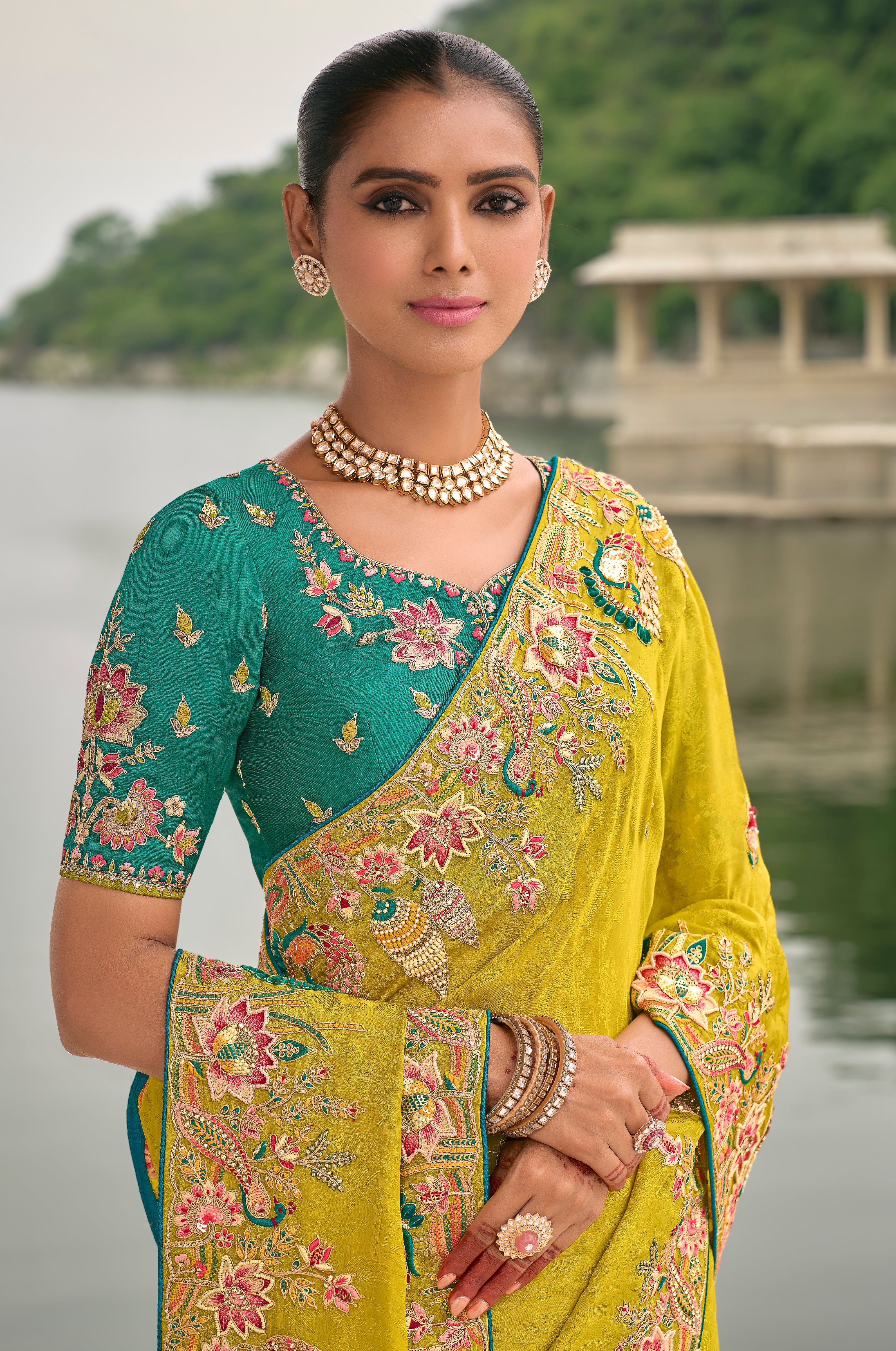 Lime Jacquard Saree With Heavy Thread Embroidery and Sequins Work