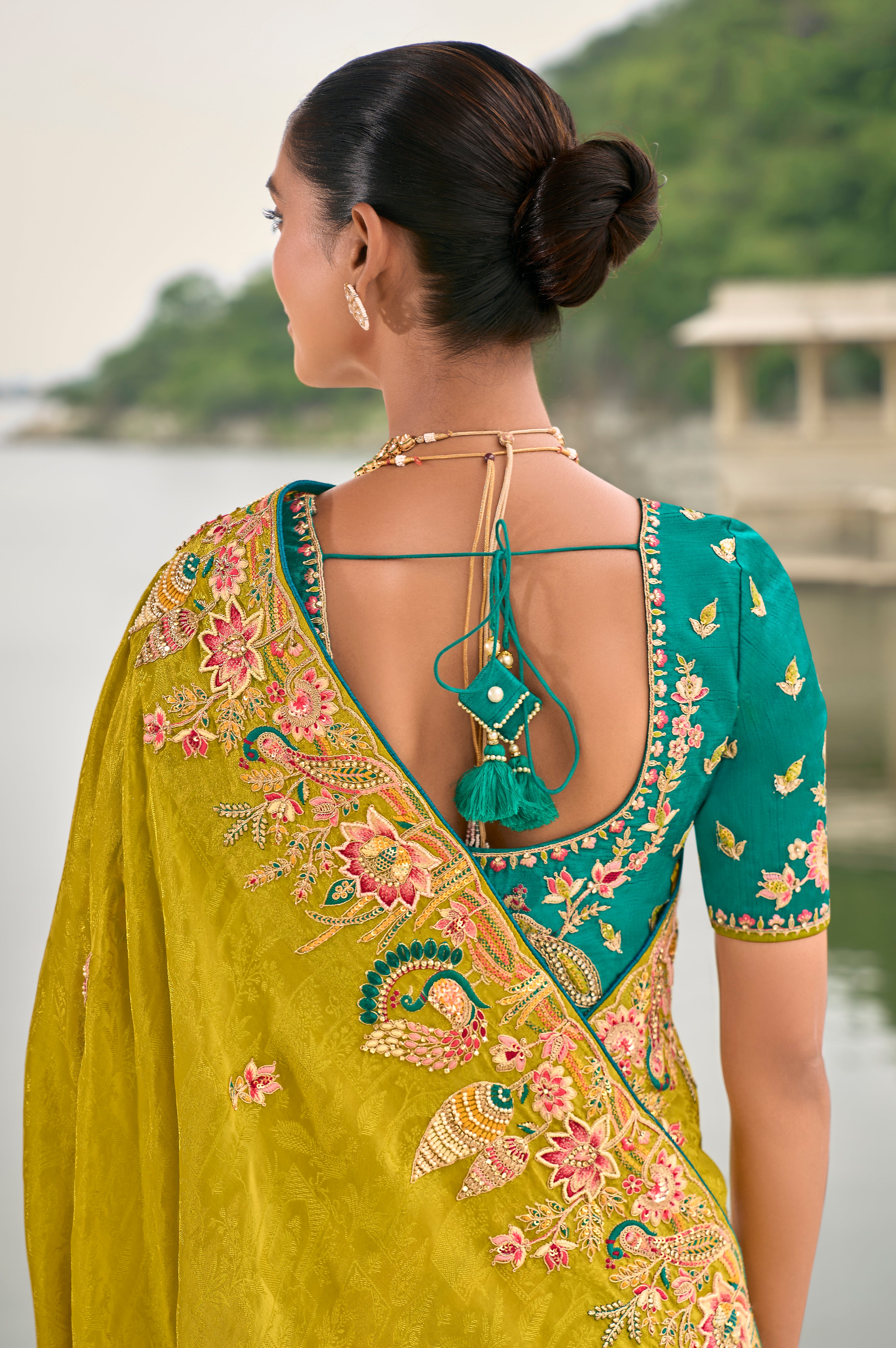 Lime Jacquard Saree With Heavy Thread Embroidery and Sequins Work