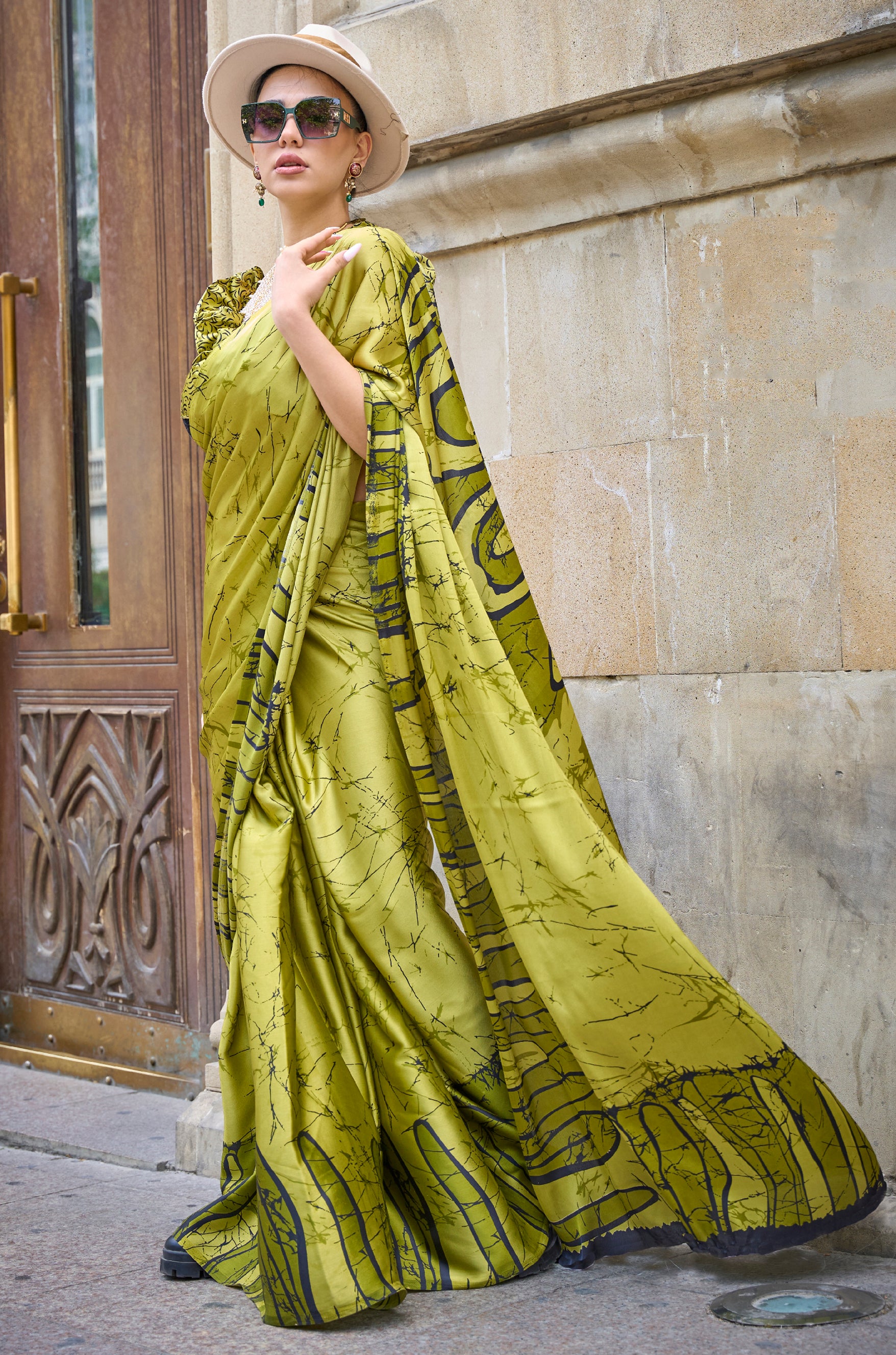 Lime Japan Satin Crape Saree with Printed Work