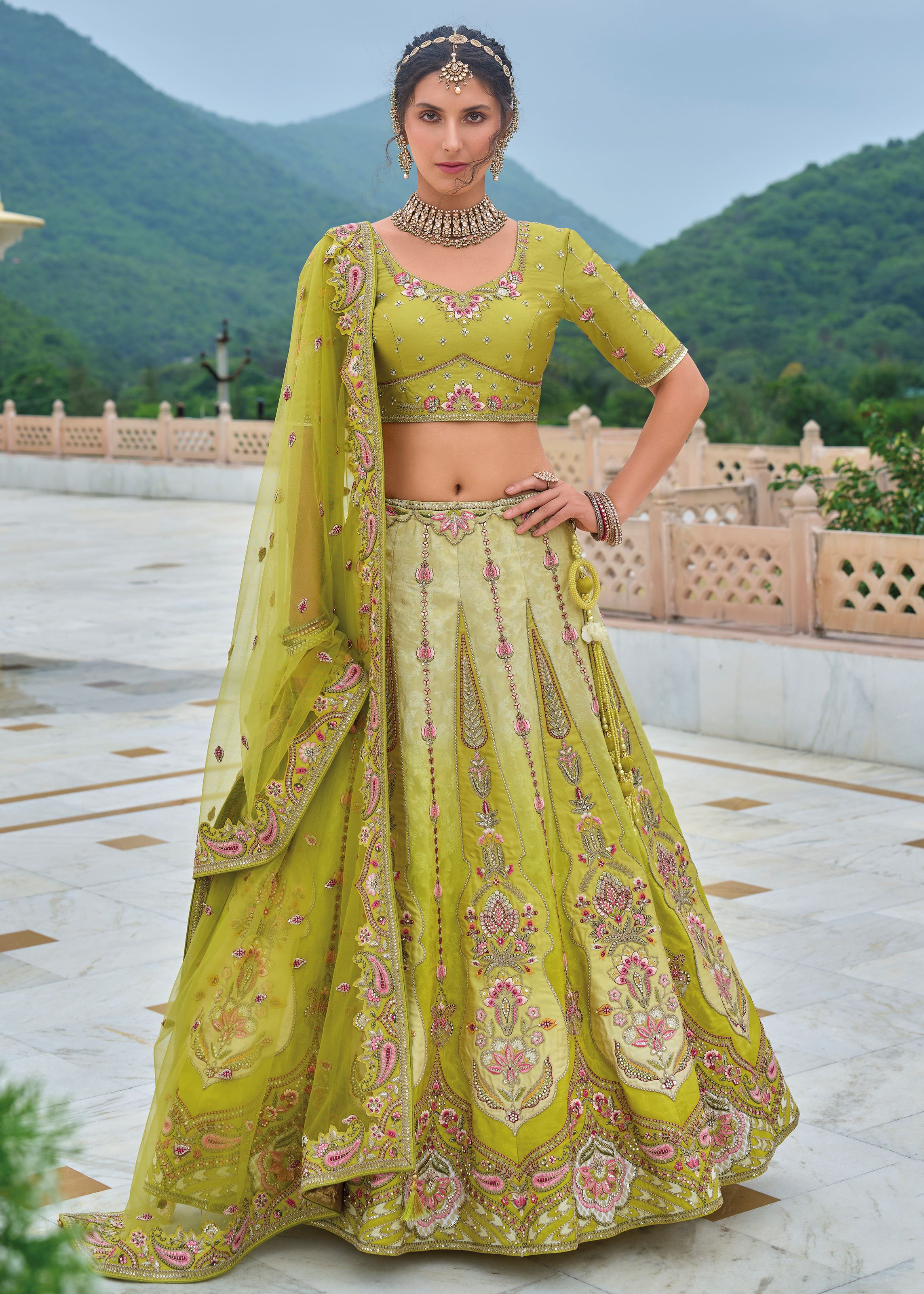 Lime Lehenga Choli With Heavy Thread Embroidery, Zari With Sequins Work