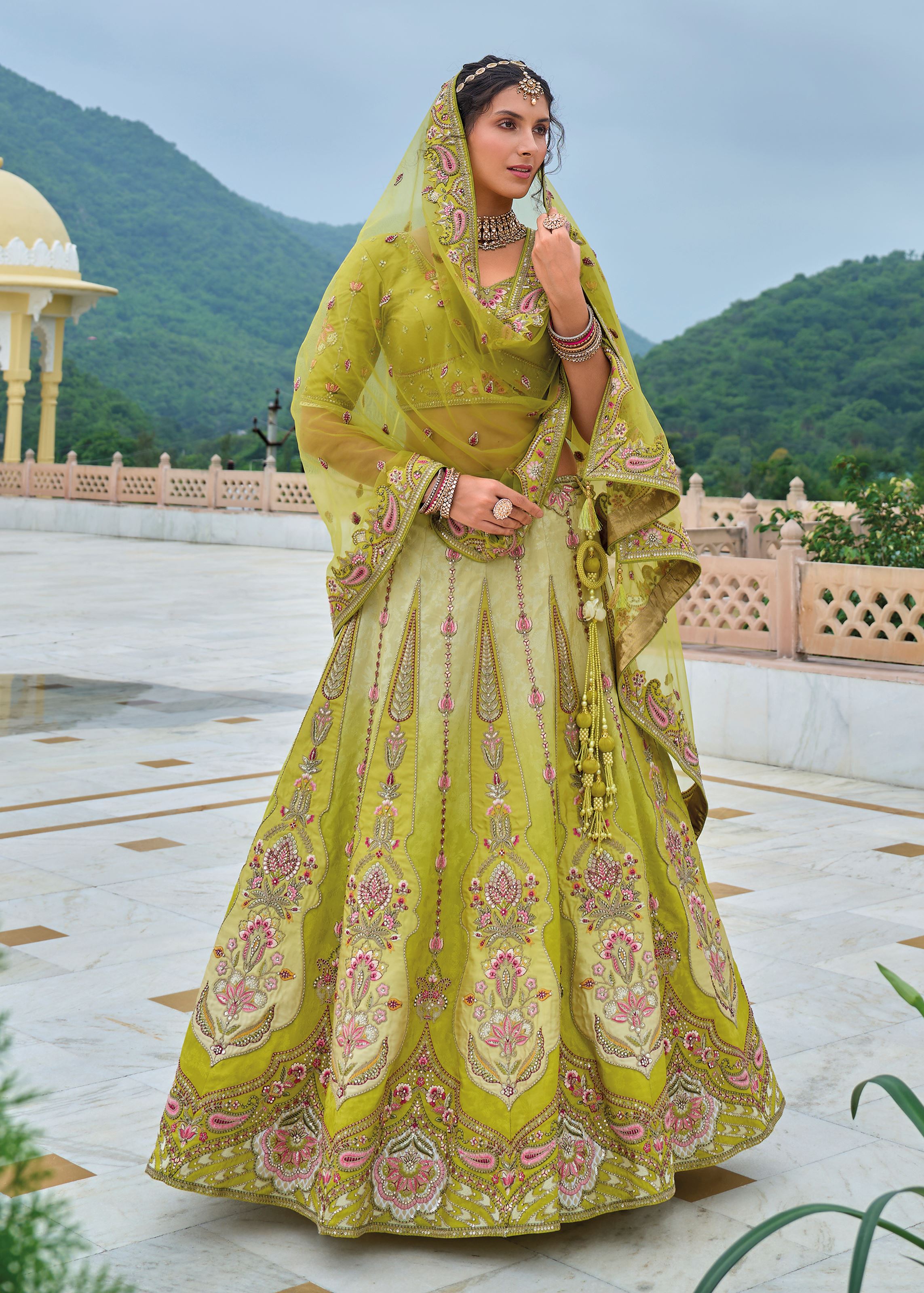 Lime Lehenga Choli With Heavy Thread Embroidery, Zari With Sequins Work