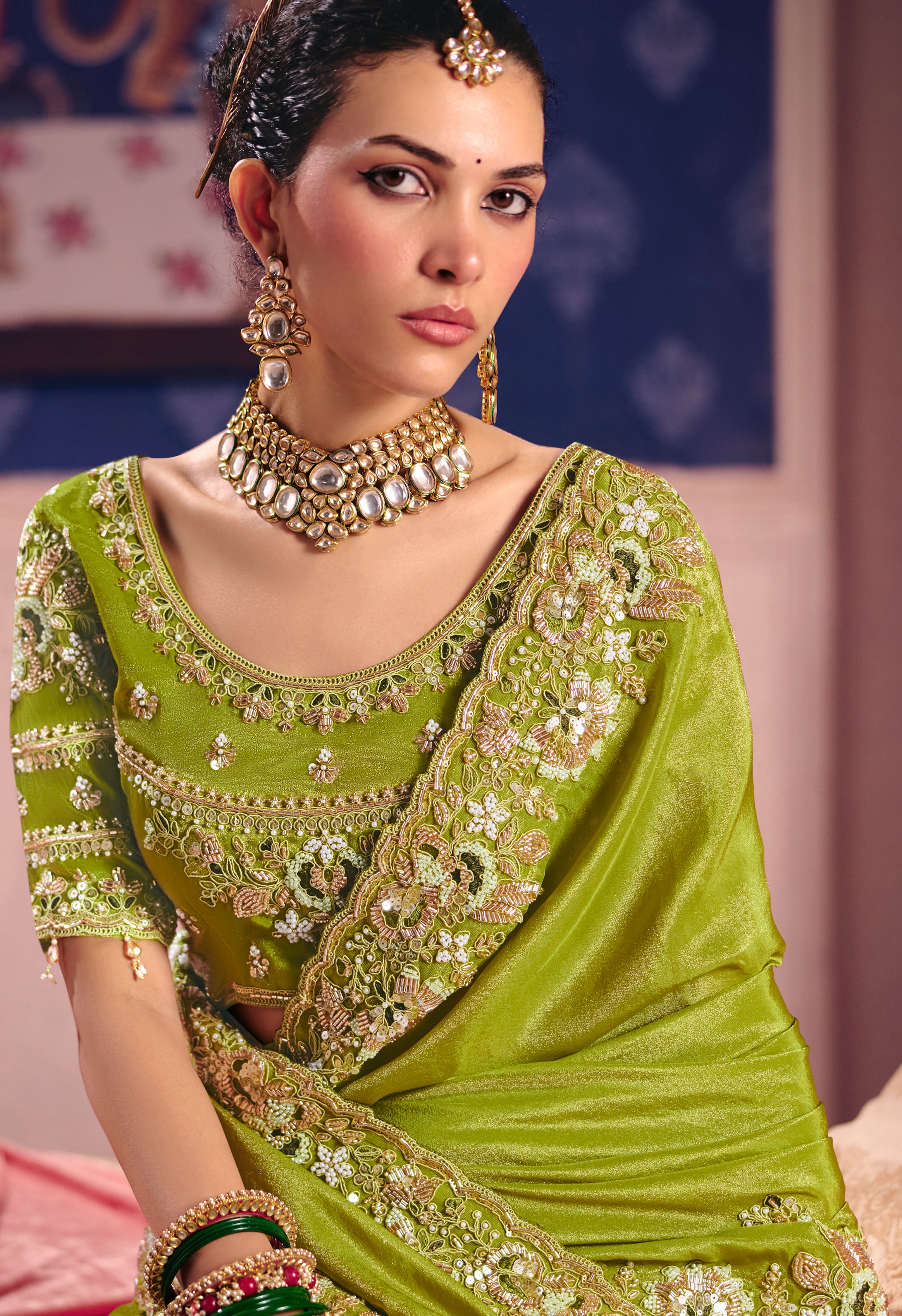 Lime Saree With Heavy Embroidery, Beads With Sequince Work