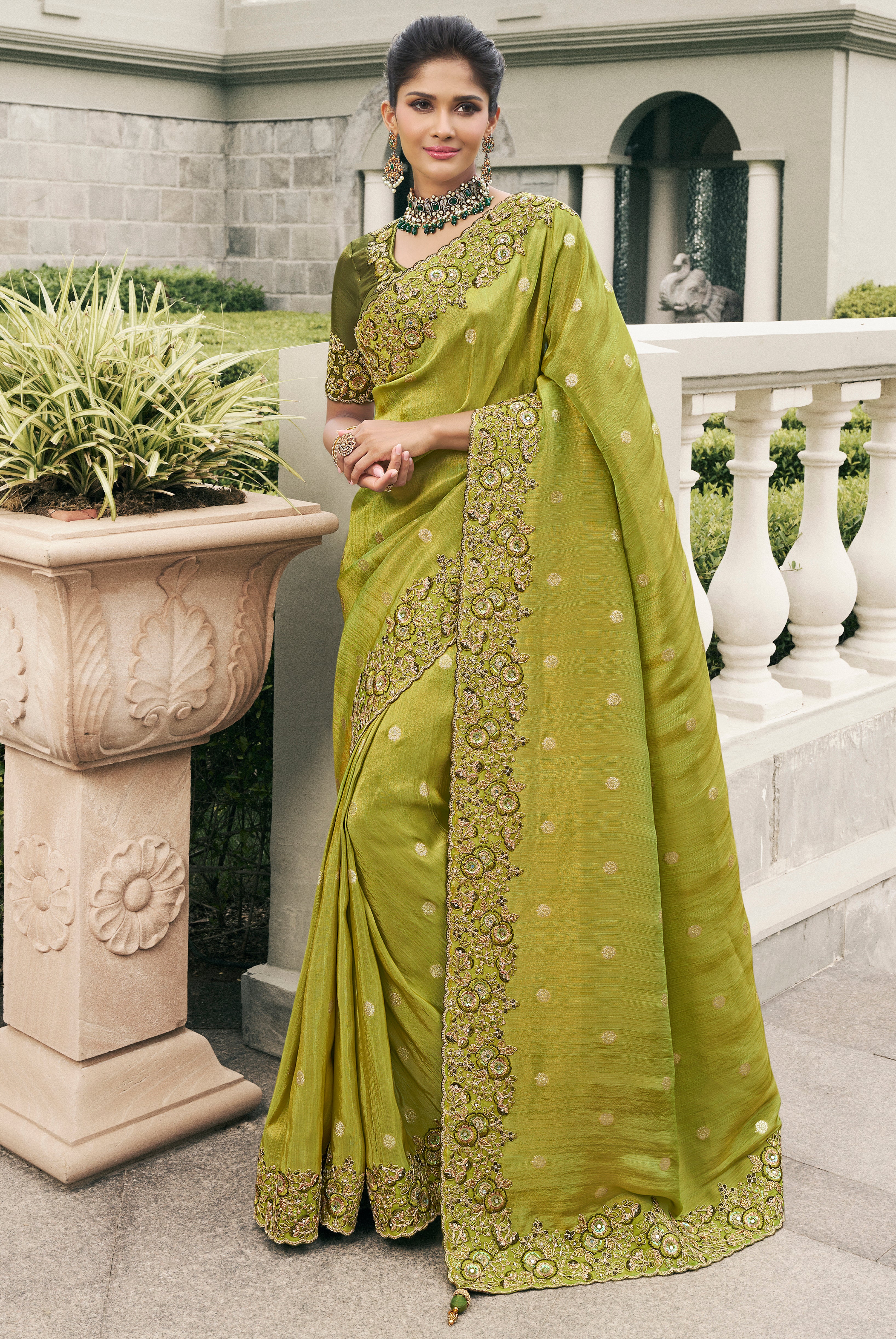 Lime Saree With Heavy Thread Embroidery, Stone, Pearl, Real Mirror Work