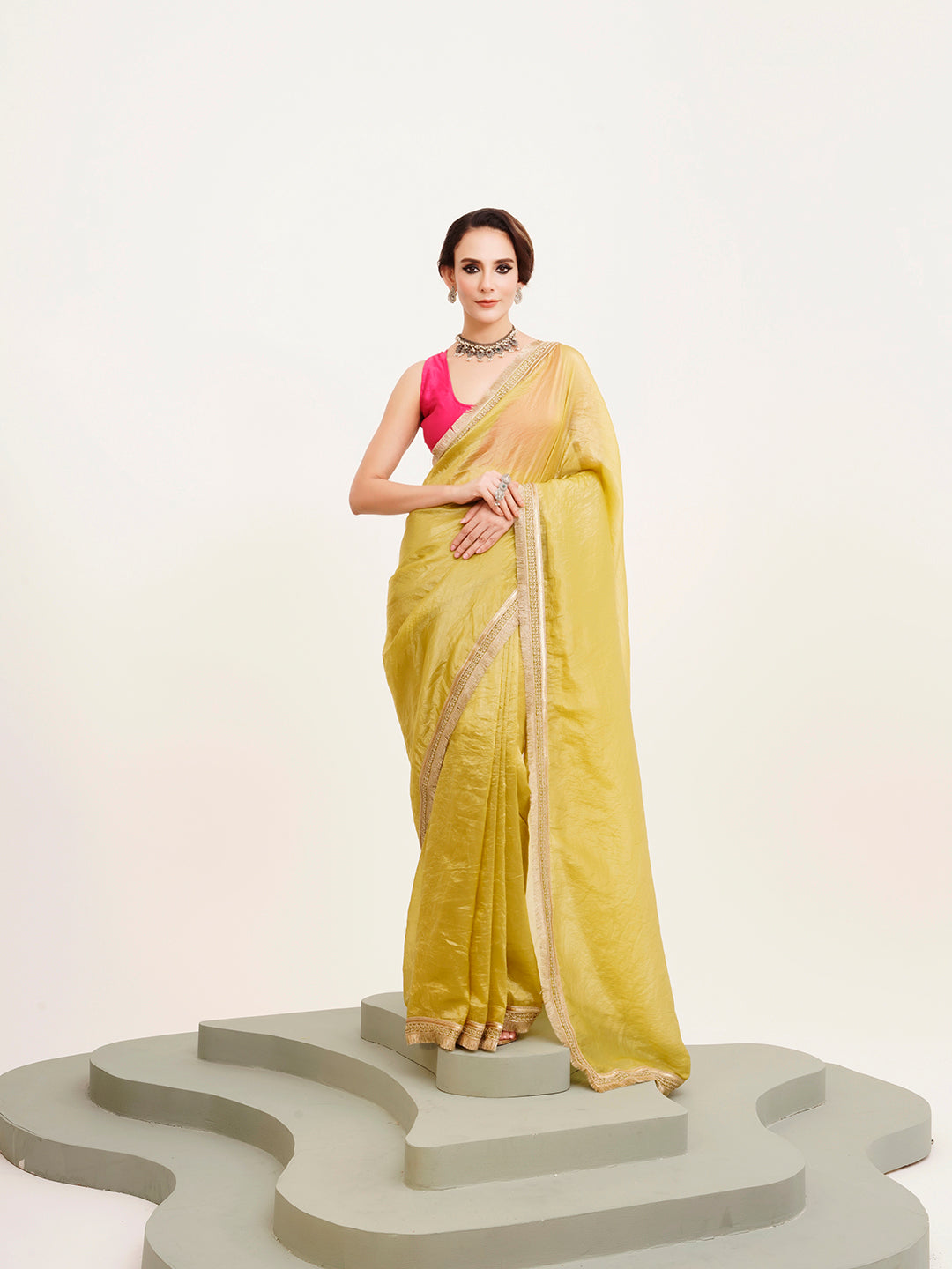 Lime Yellow Embellished Sequinned Silk Saree For Beautiful Partywear Saree