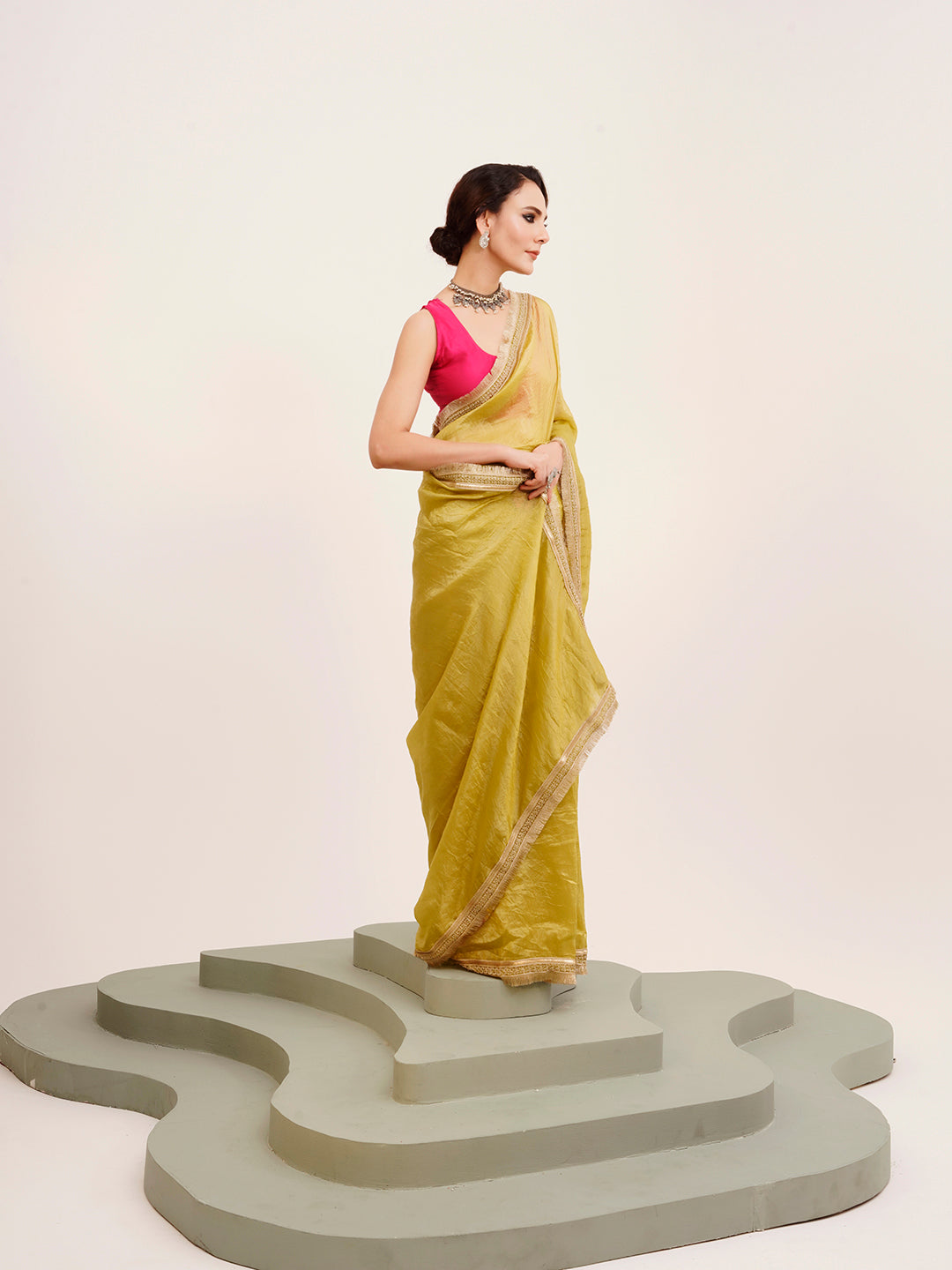 Lime Yellow Embellished Sequinned Silk Saree For Beautiful Partywear Saree