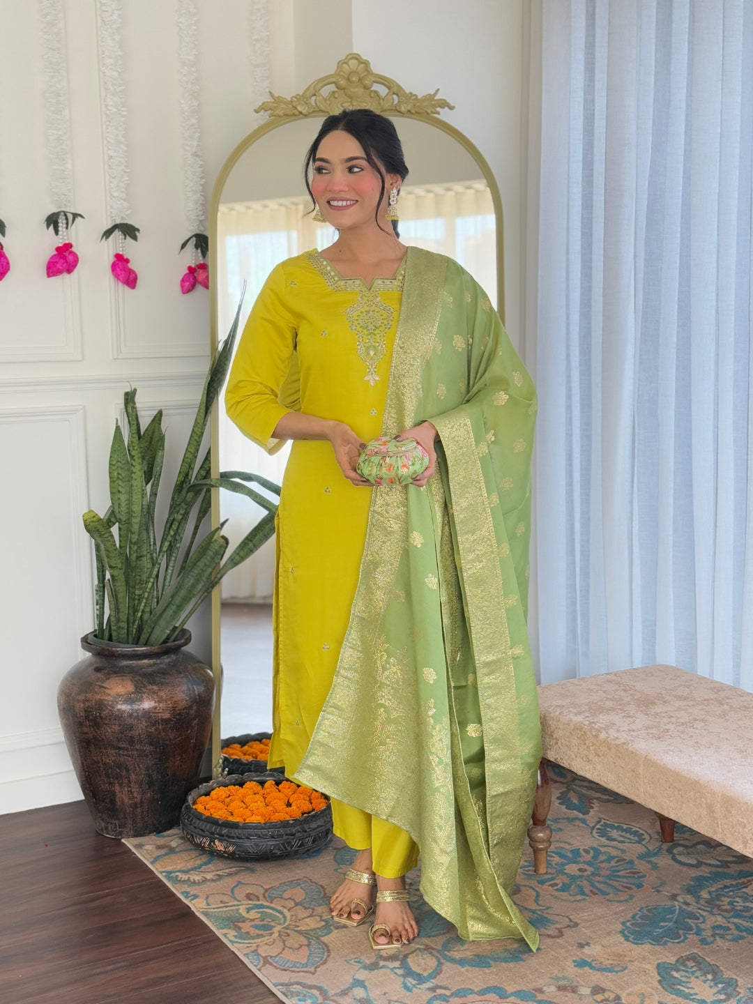 Liril Chanderi Viscose Elegant Kurta Pant Set With Embroidery Work