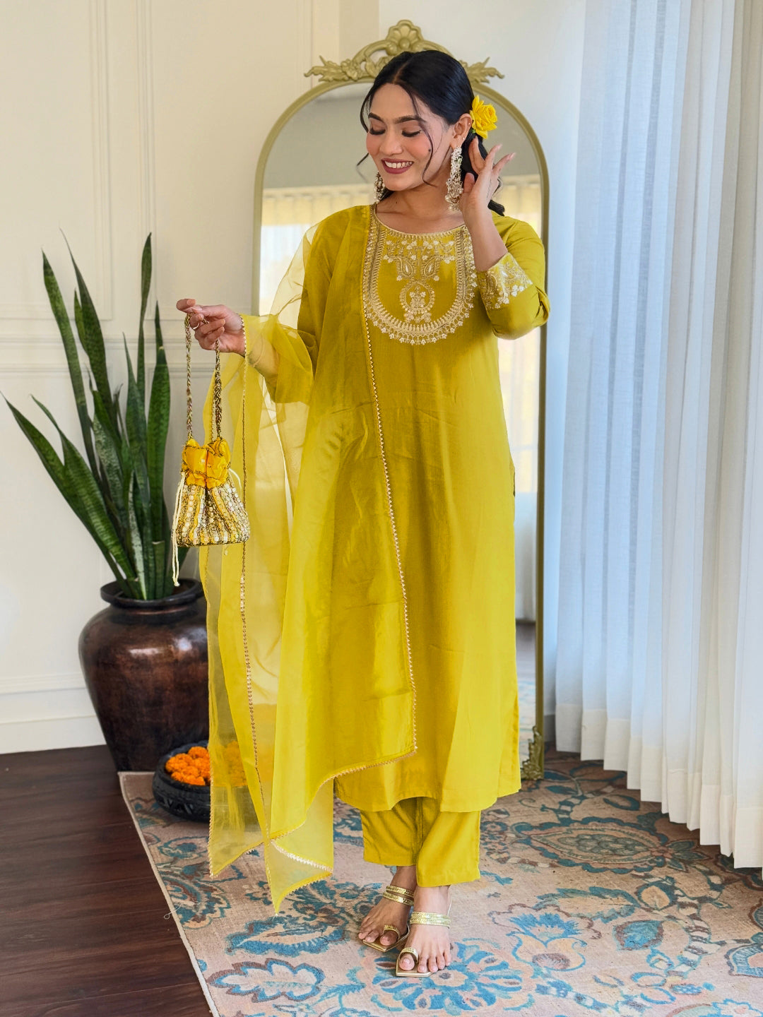 Liril Rayon Slub Elegant Kurta Pant Set With Embroidery Work