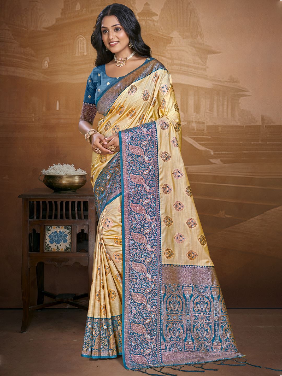 Lovely Beige and Ocean Blue Silk Saree