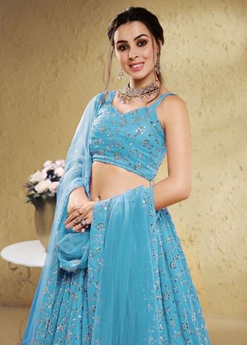 Lovely Sky-Blue Embroidered Georgette Engagement Wear Lehenga Choli