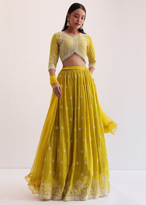Lovely Yellow Thread Embroidered Georgette Haldi Wear Lehenga Choli