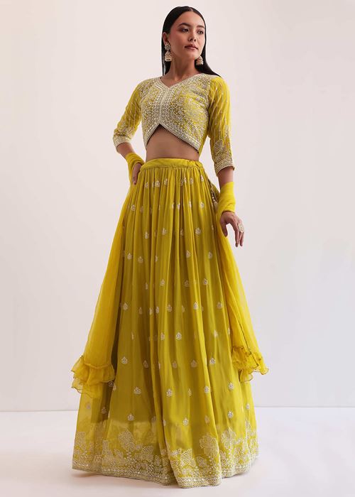 Lovely Yellow Thread Embroidered Georgette Haldi Wear Lehenga Choli