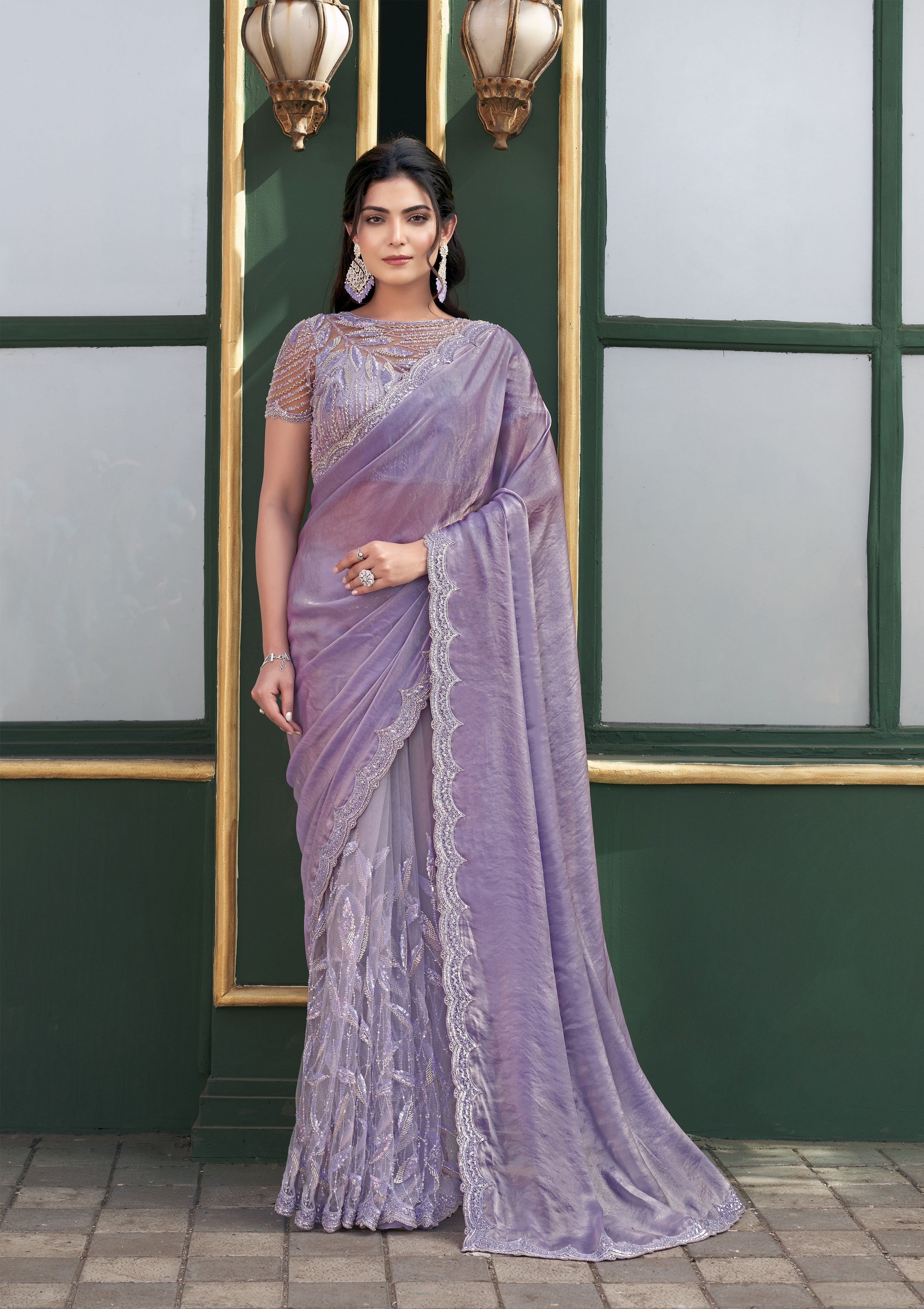 Lovender Versace Illusion Designer Sequence Embroidery With Hand Beads Stone Work Wedding Season Saree