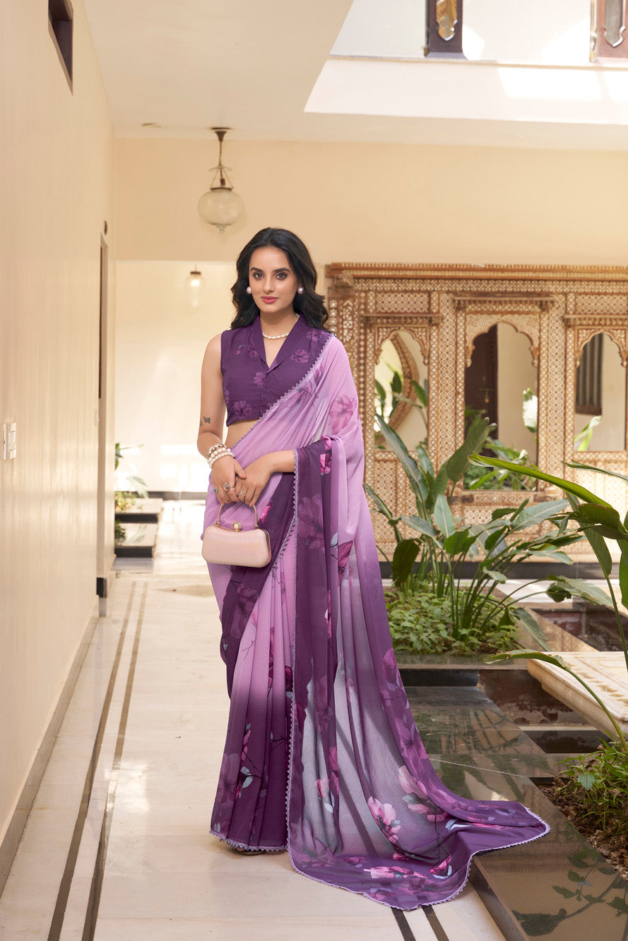Luvender Floral Marble Saree with Lace Border