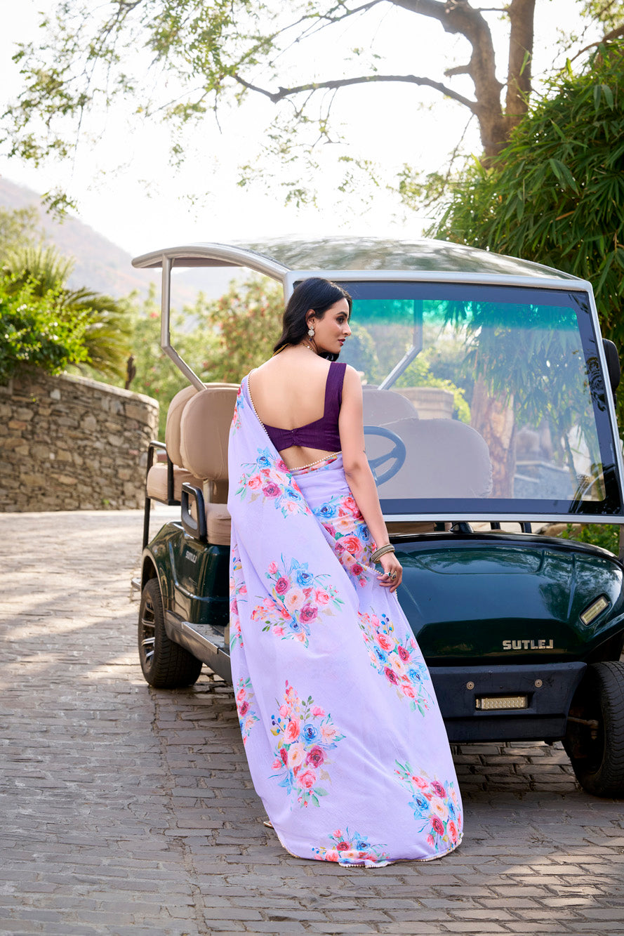 Luvender Floral Marble Saree with Lace Border