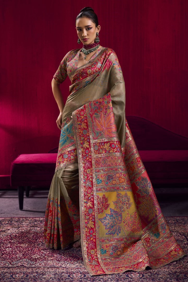 Luxurious Beige Modal Pashmina Saree with Handloom Zari Weaving