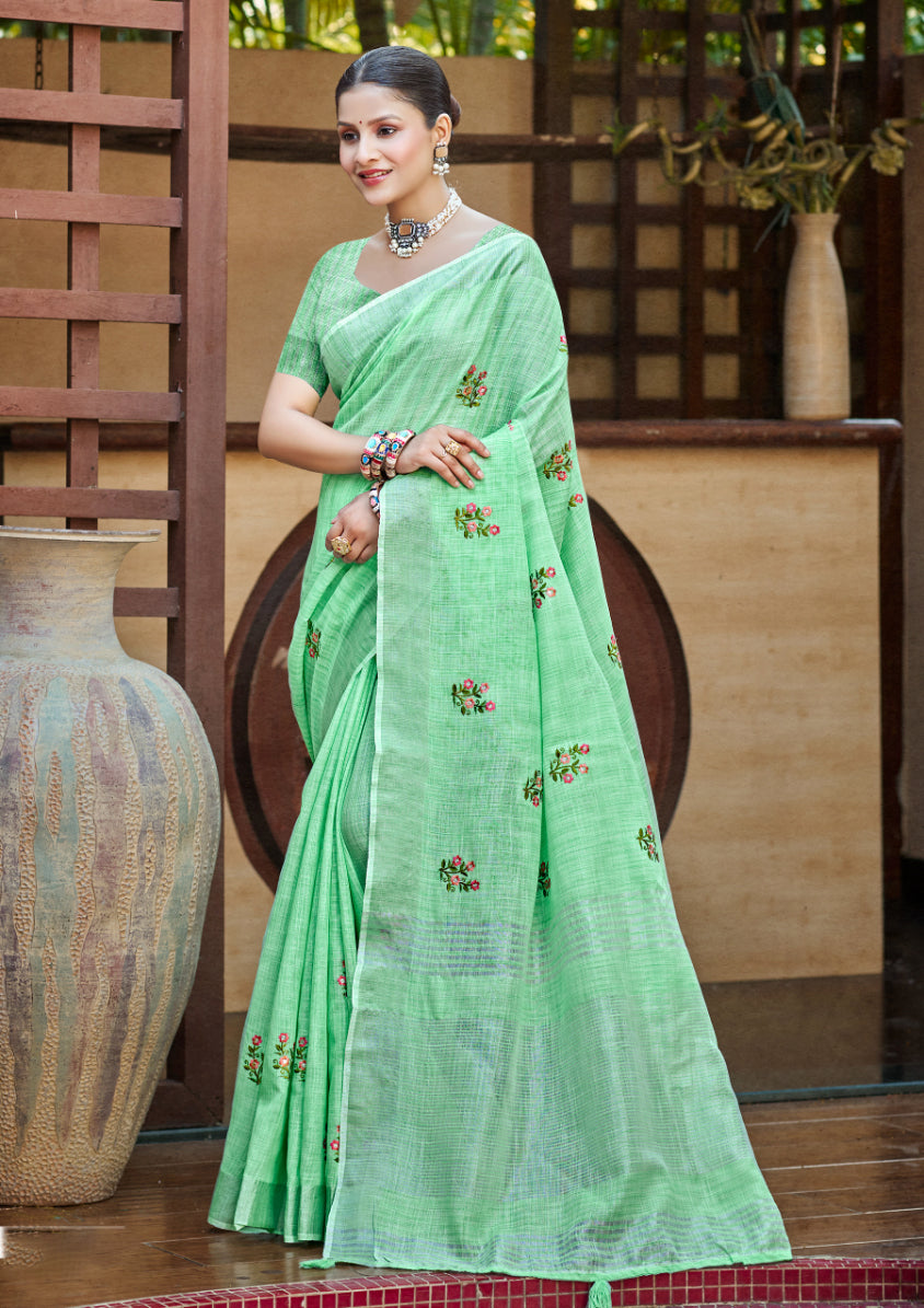 Luxurious Bottel Green Linen Festival Saree for Women