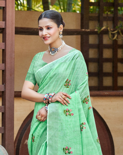 Luxurious Bottel Green Linen Festival Saree for Women