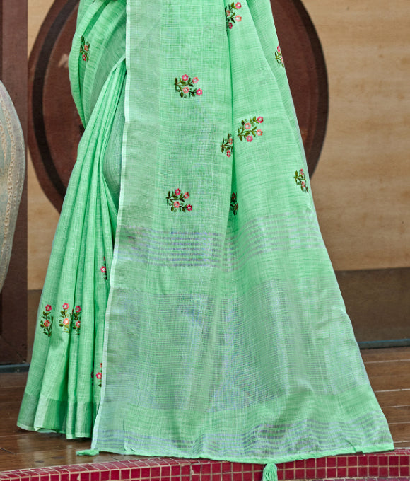 Luxurious Bottel Green Linen Festival Saree for Women