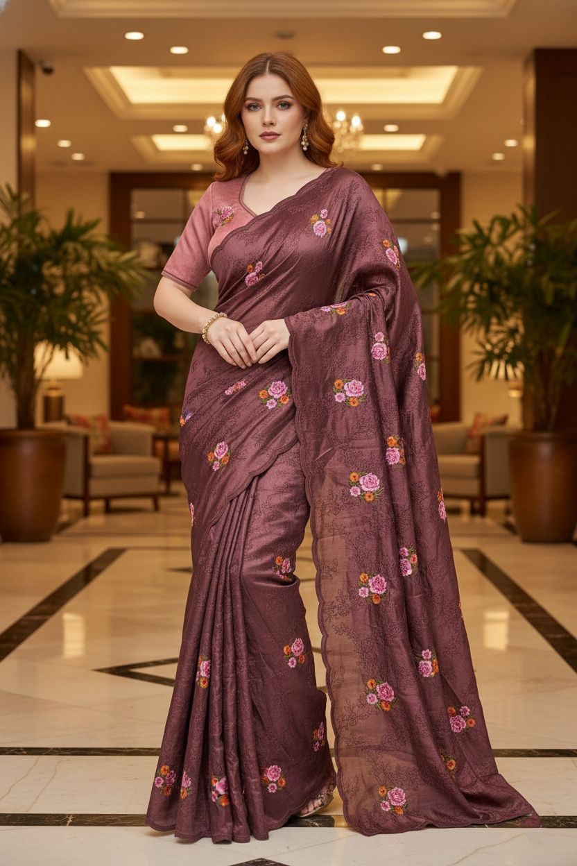 Luxury Wine Manipuri Silk Saree with Sequins Embroidery Design