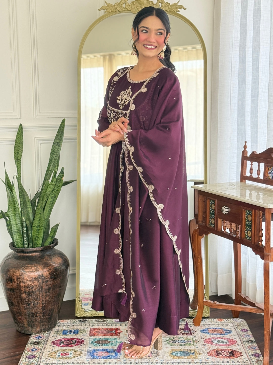Wine Vichitra Silk Elegant Kurta Pant Set With Embroidery Work