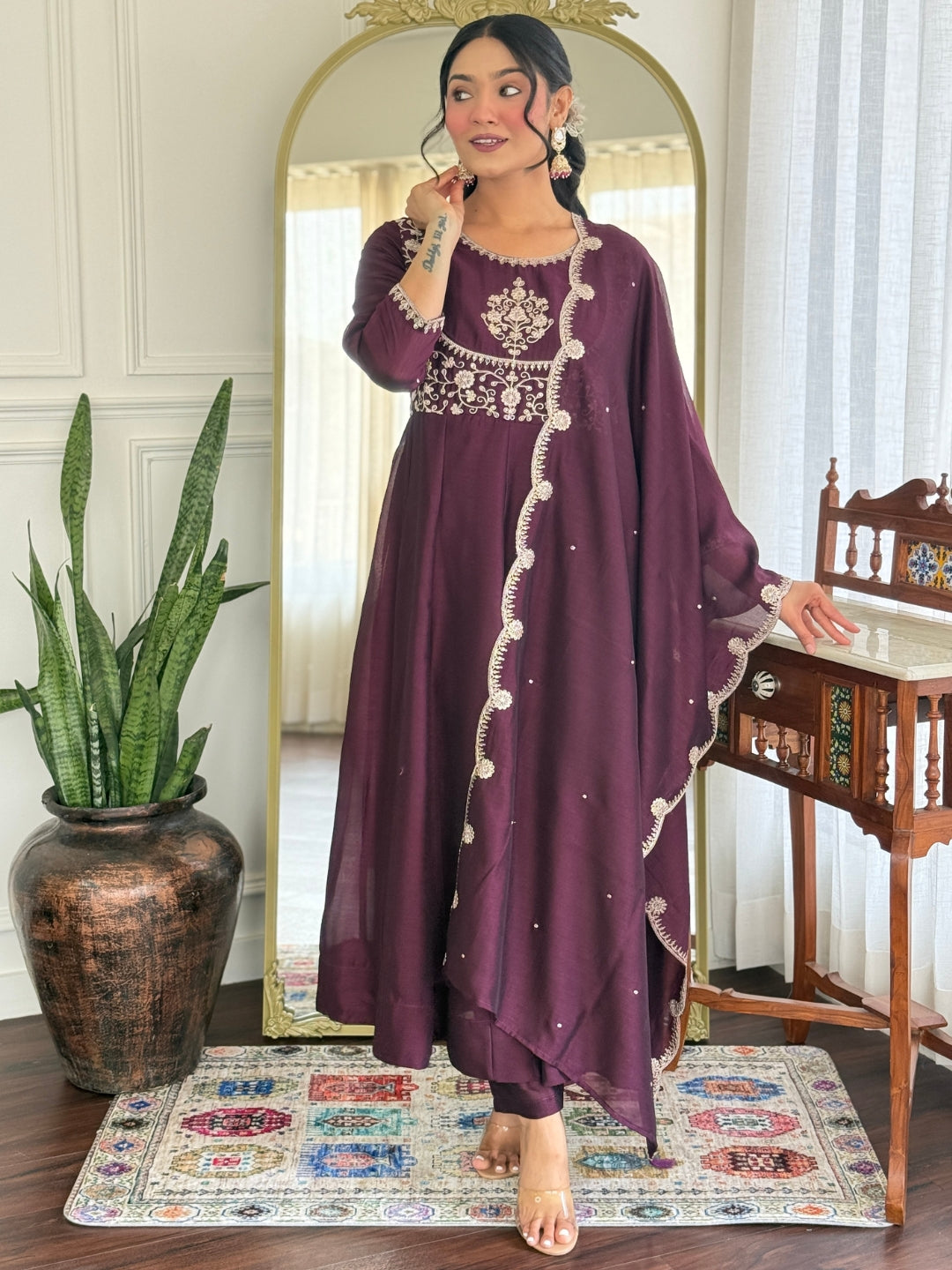 Wine Vichitra Silk Elegant Kurta Pant Set With Embroidery Work