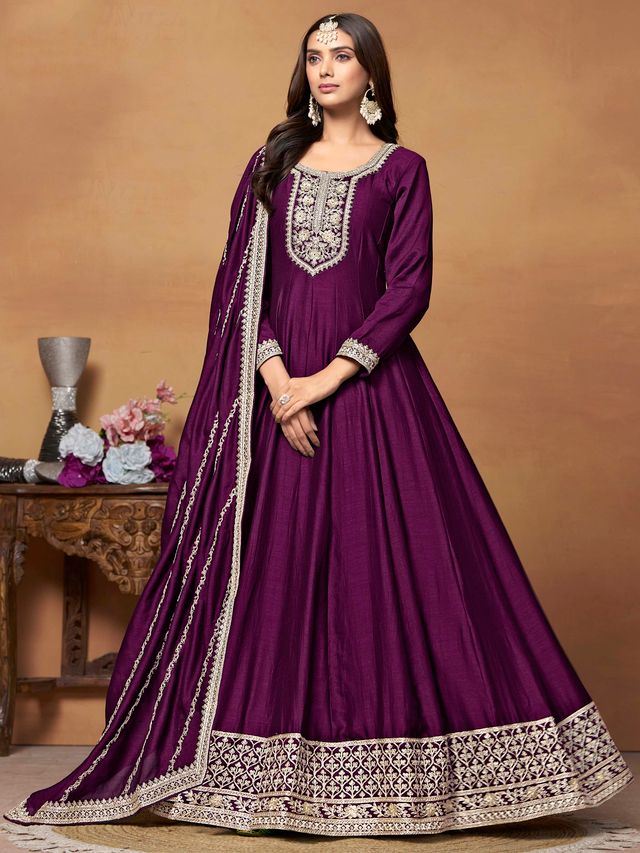 Magenta Anarkali Suit With Heavy Thread Embroidery With Sequis Work
