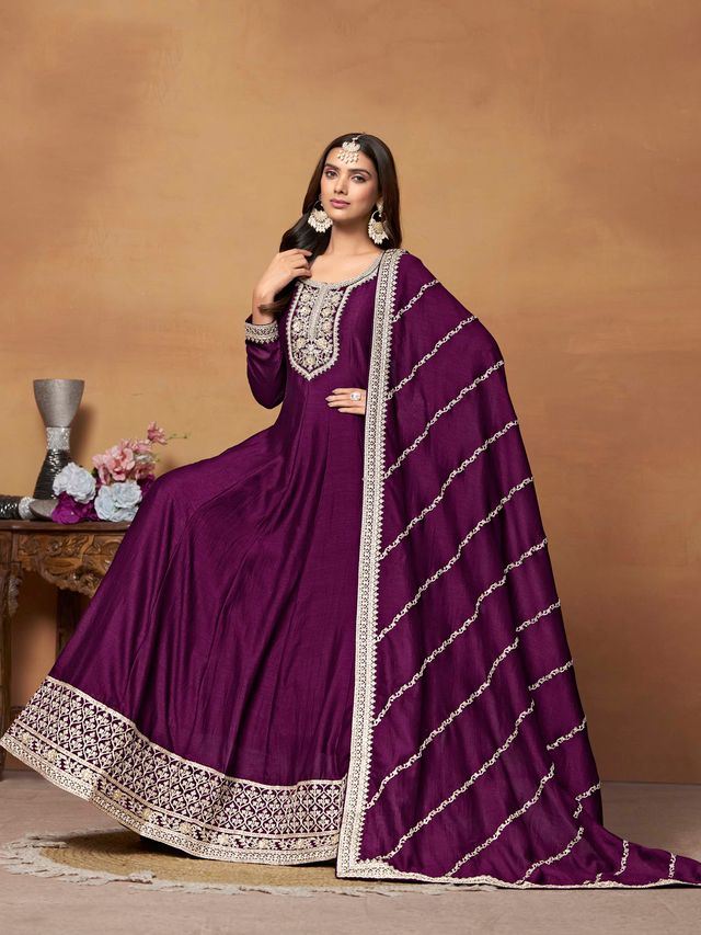 Magenta Anarkali Suit With Heavy Thread Embroidery With Sequis Work