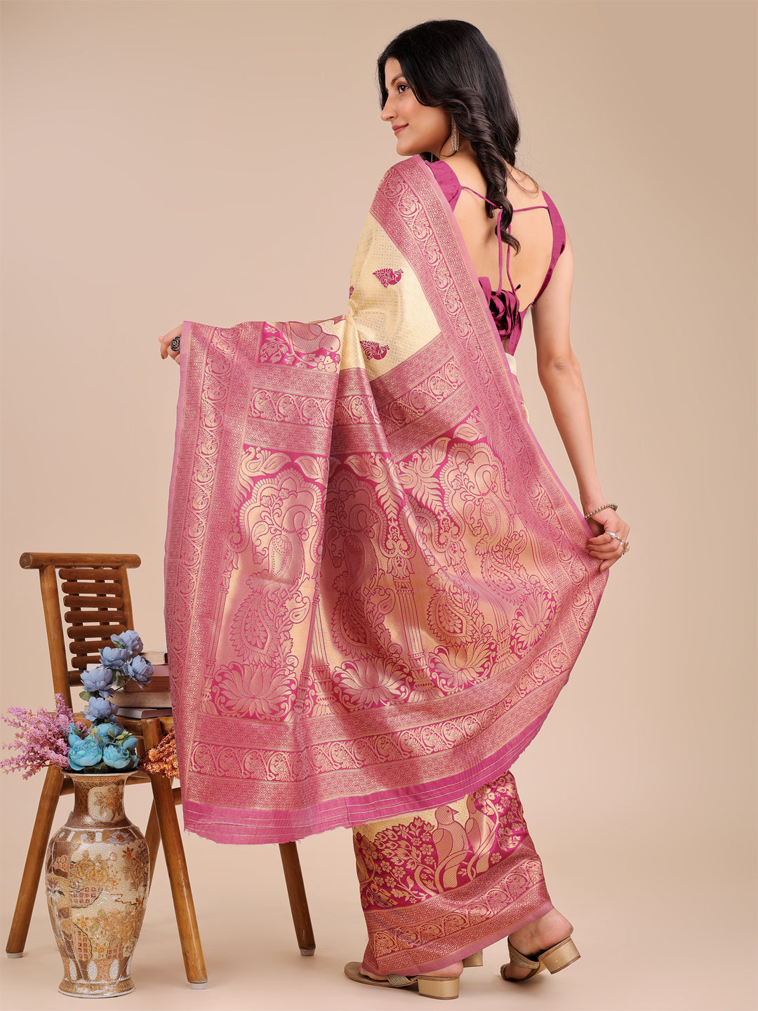Magenta Banarasi Silk Woven Jacquard Designer Graceful Ceremonial Saree