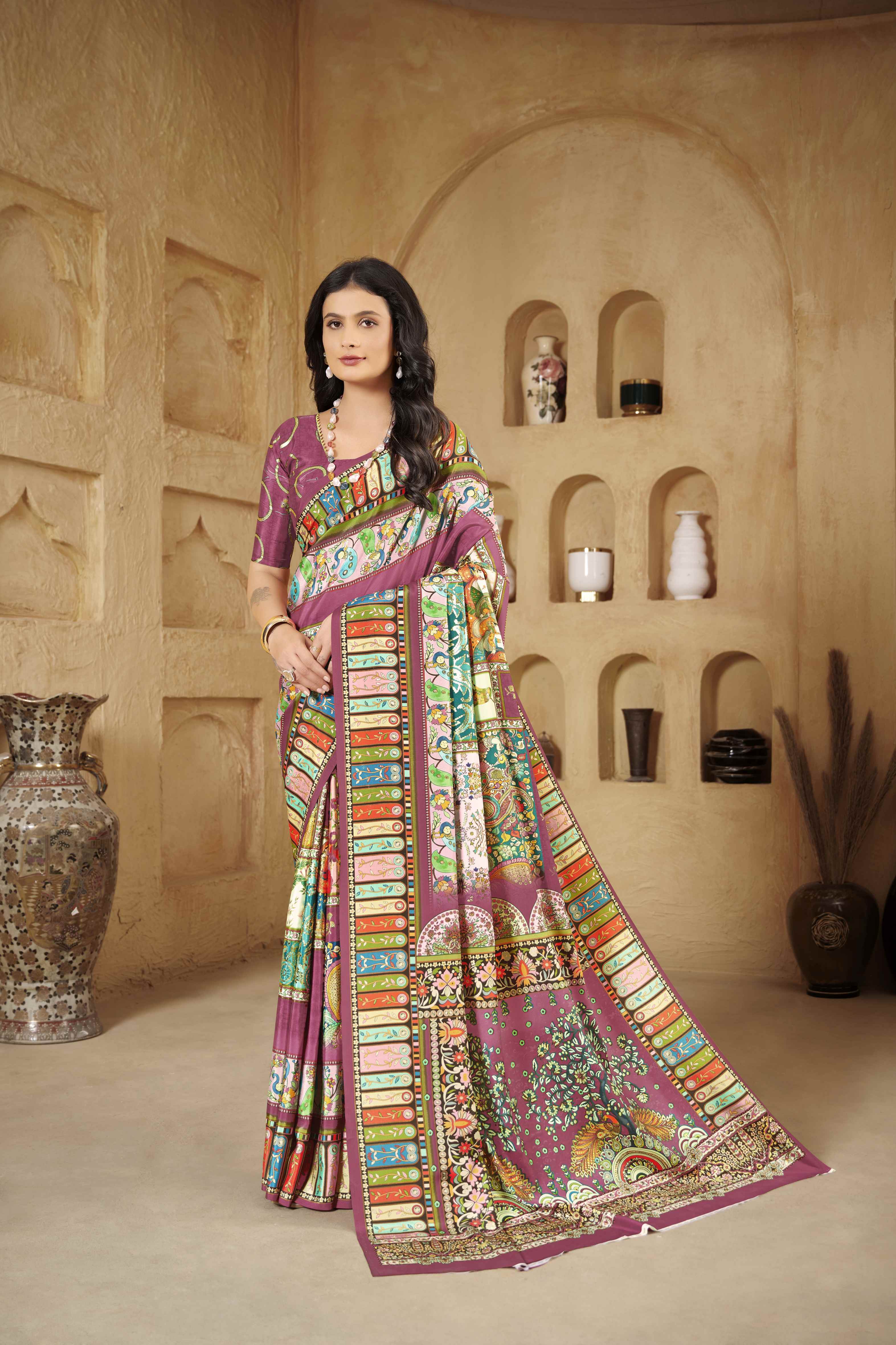 Magenta Beautiful Designer Position Digital Foil Printed Crepe Silk Designer Partywear Saree