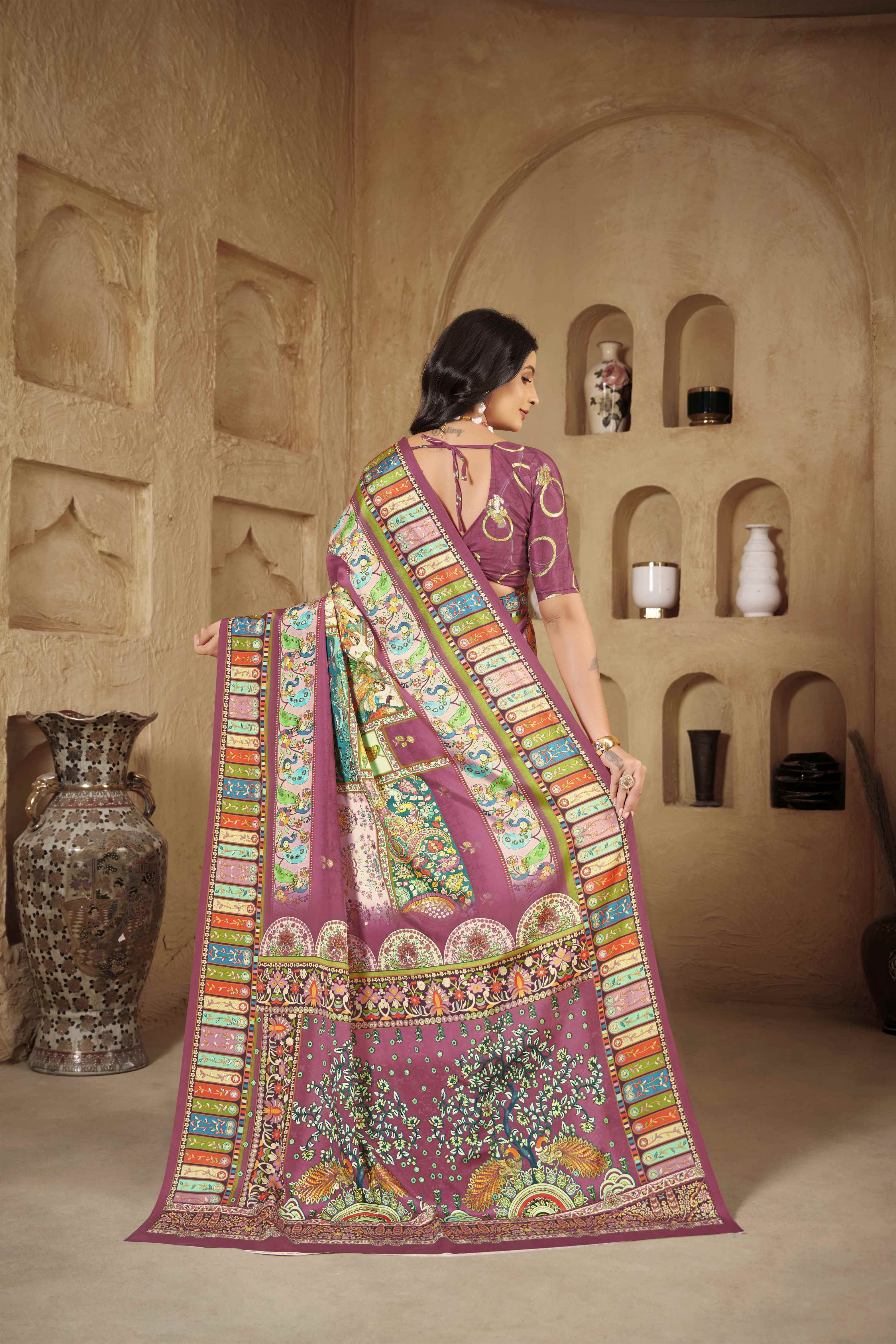 Magenta Beautiful Designer Position Digital Foil Printed Crepe Silk Designer Partywear Saree