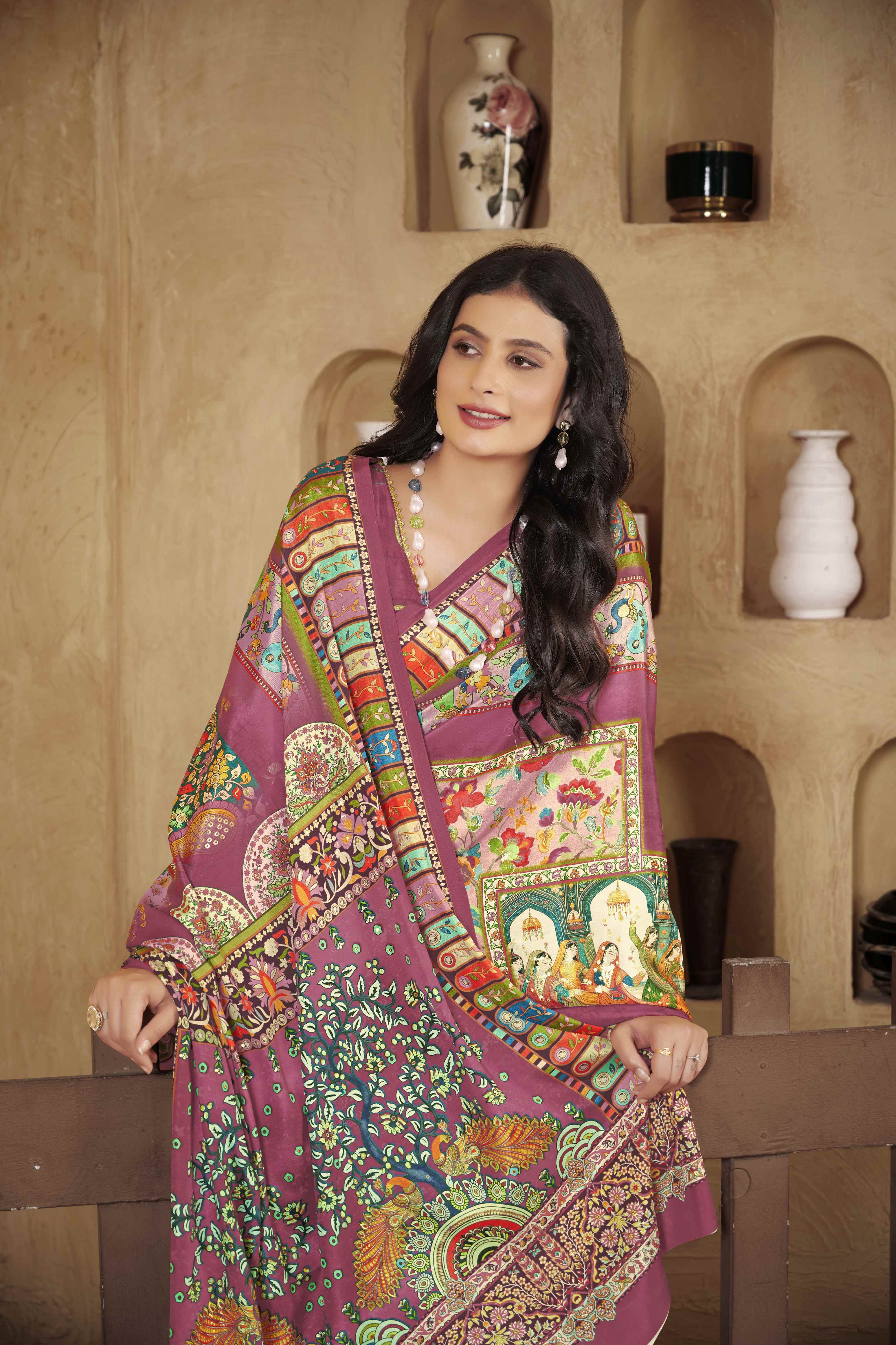 Magenta Beautiful Designer Position Digital Foil Printed Crepe Silk Designer Partywear Saree