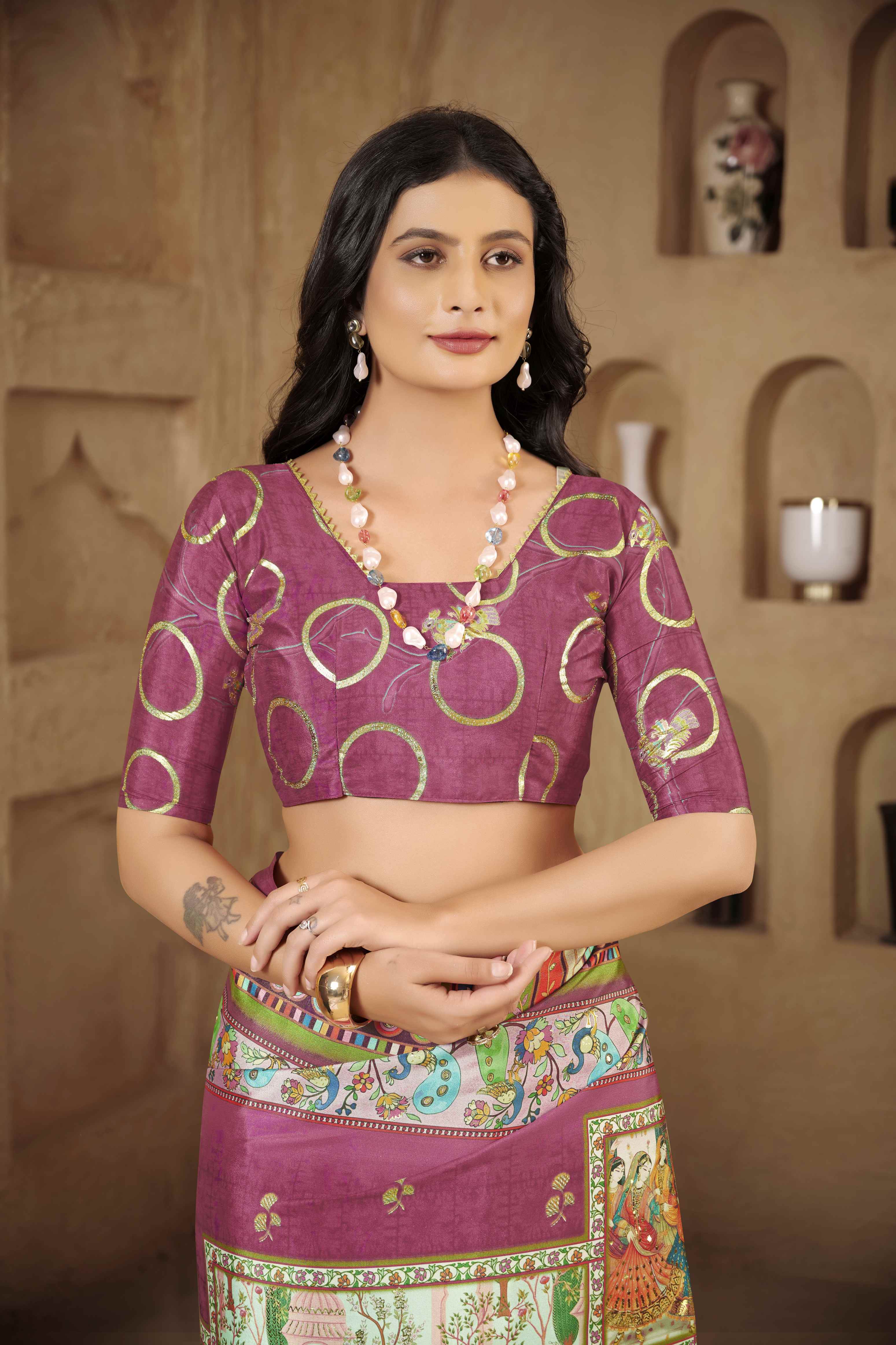 Magenta Beautiful Designer Position Digital Foil Printed Crepe Silk Designer Partywear Saree