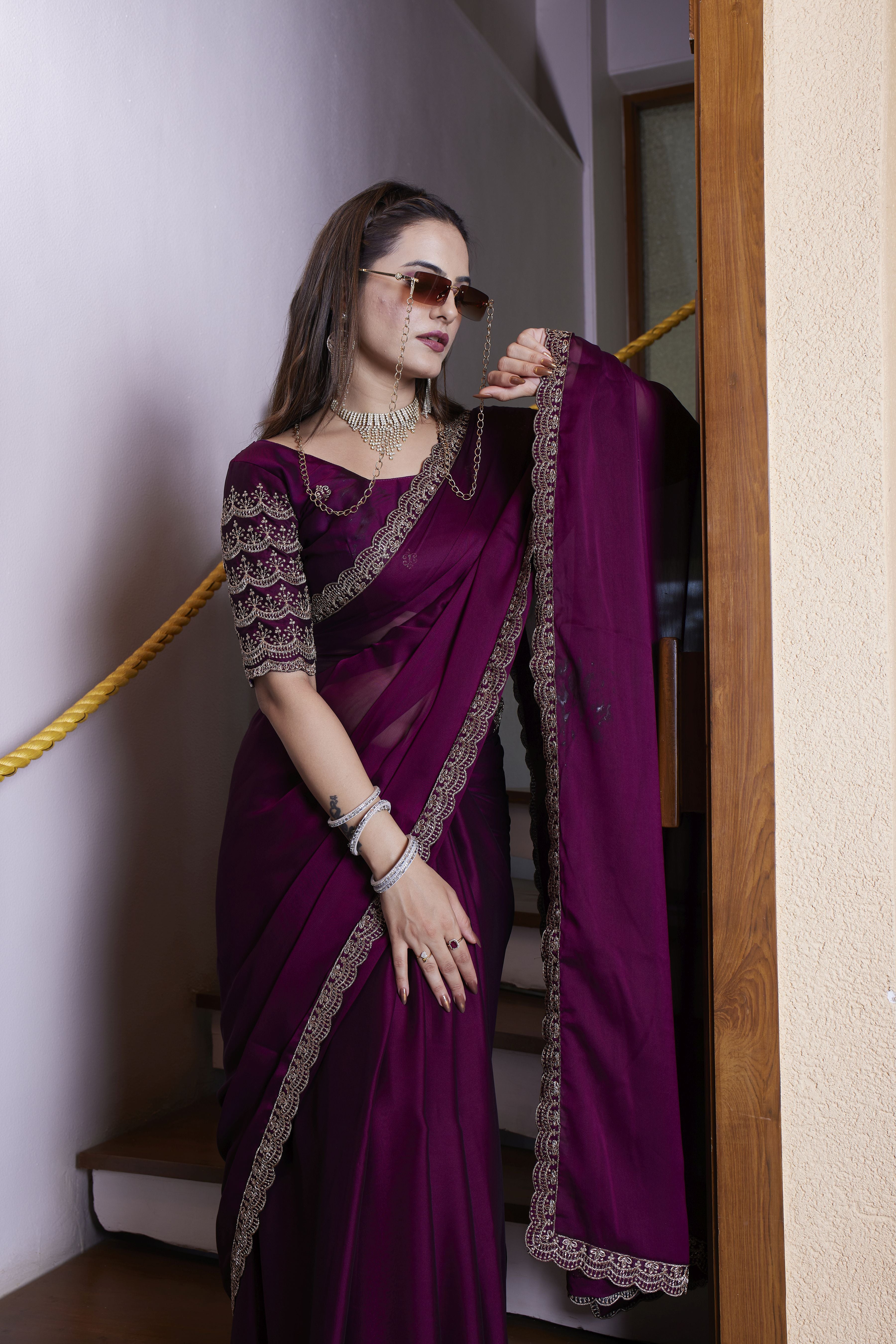 Magenta Chiffon Designer Embroidered Ceremonial Saree