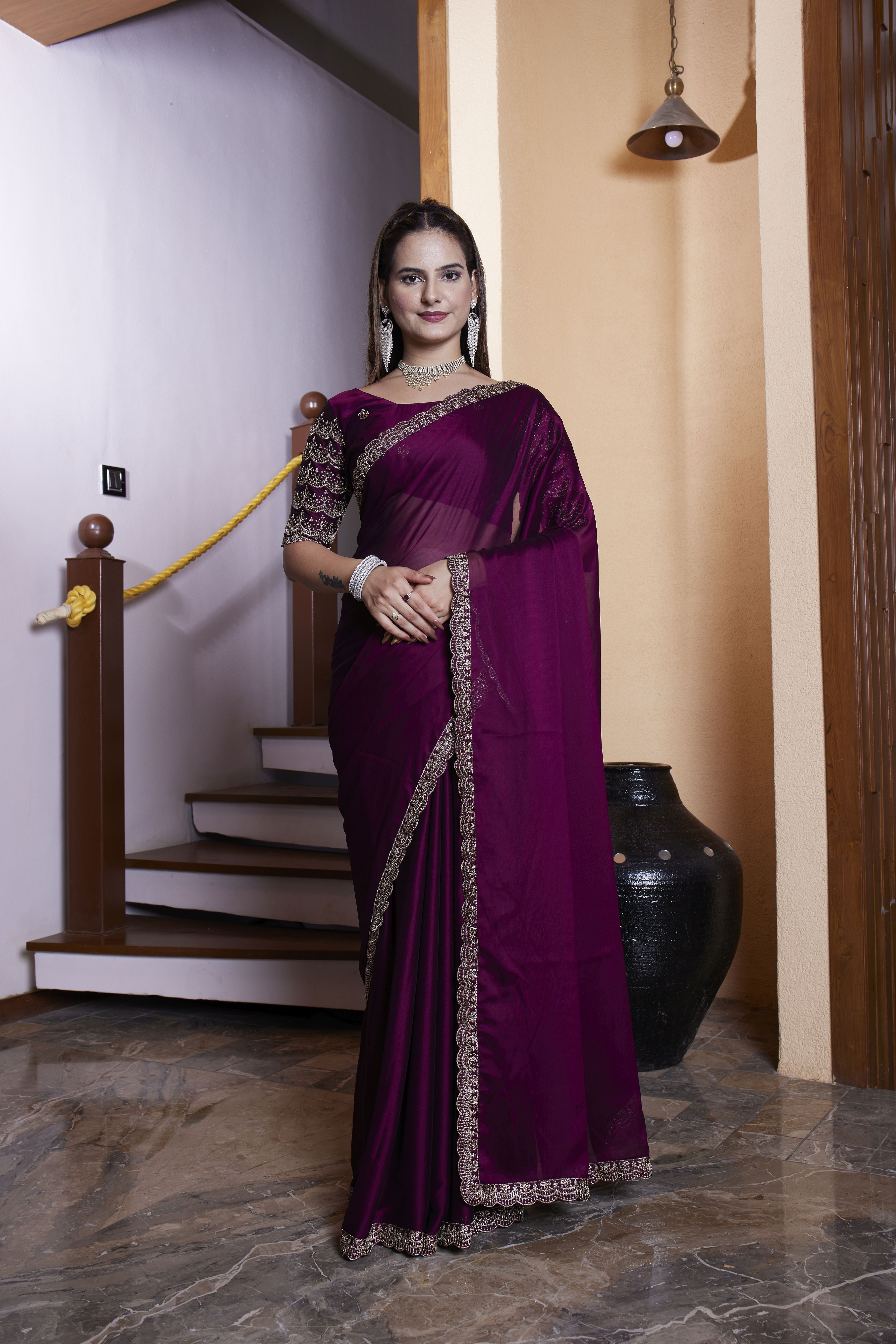 Magenta Chiffon Designer Embroidered Ceremonial Saree