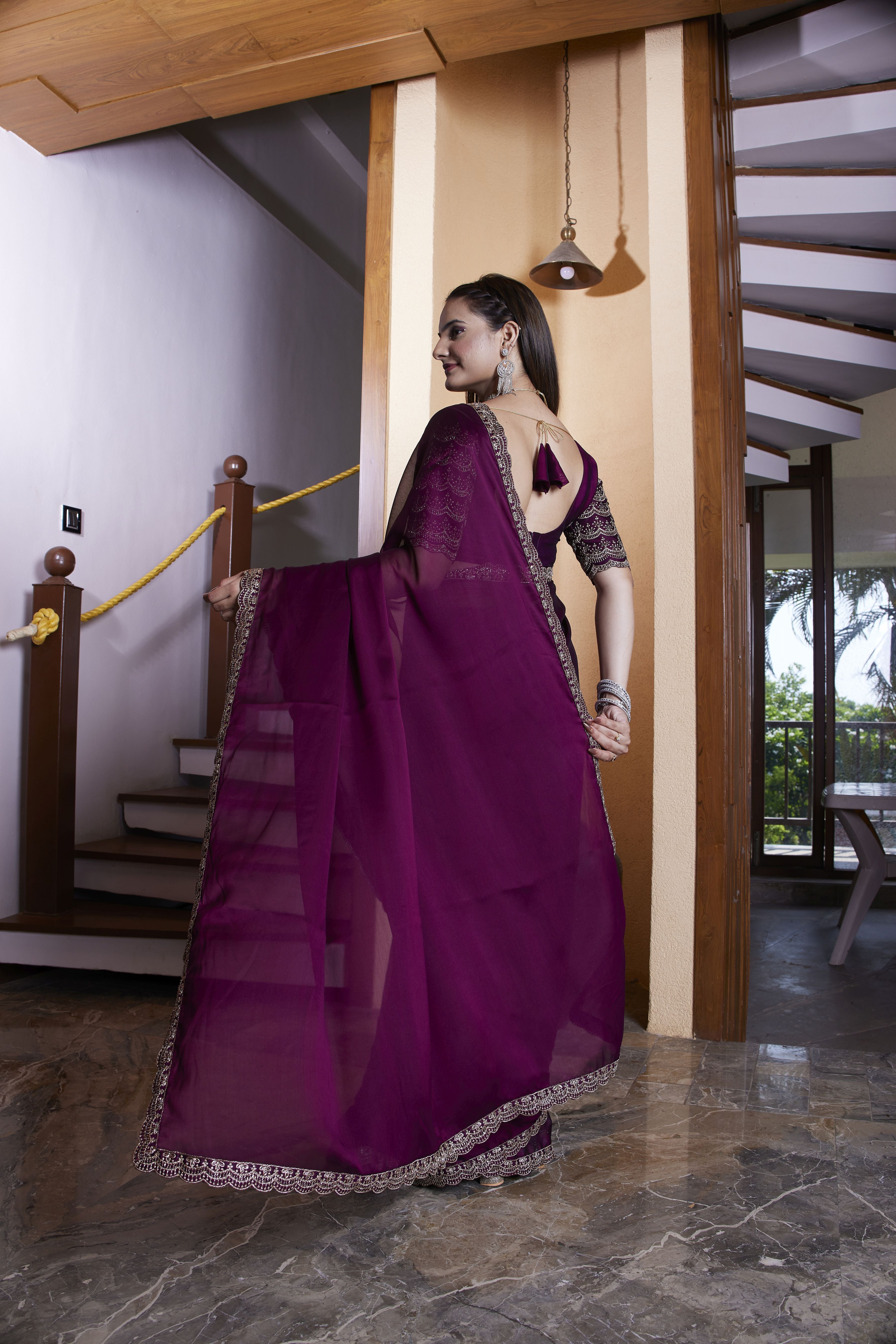 Magenta Chiffon Designer Embroidered Ceremonial Saree