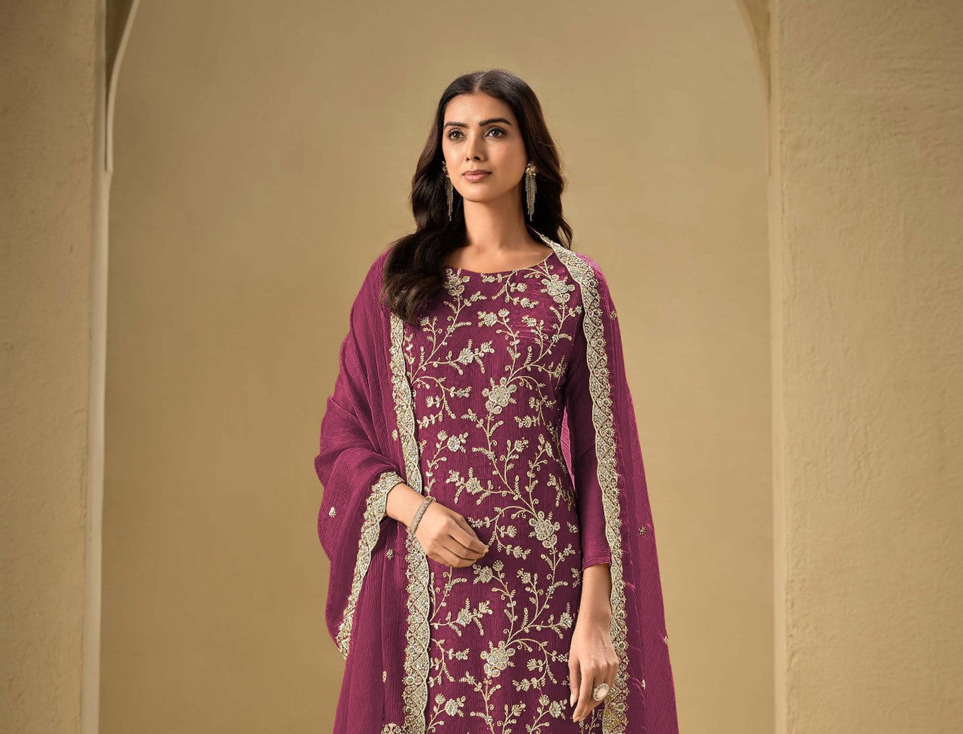 Magenta Chinon Designer Suit Set With Elegant Embroidery