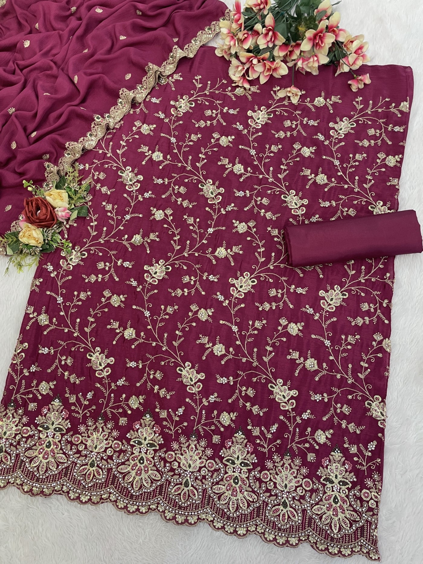 Magenta Chinon Designer Suit Set With Elegant Embroidery
